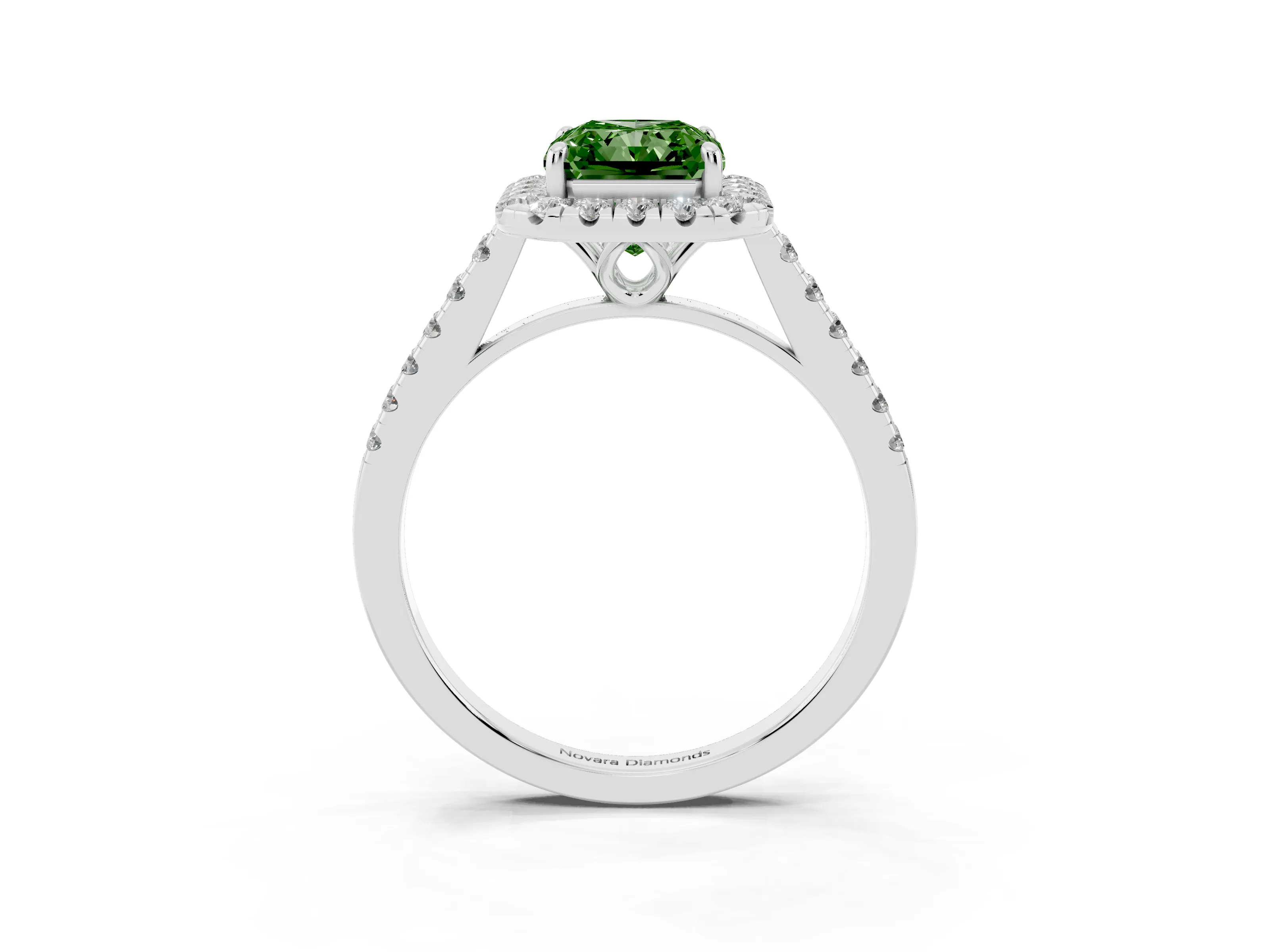 Fancy Green Radiant Cut Diamond Pavé Halo Engagement Ring Set in White gold with Pavé Band and Prong Setting
