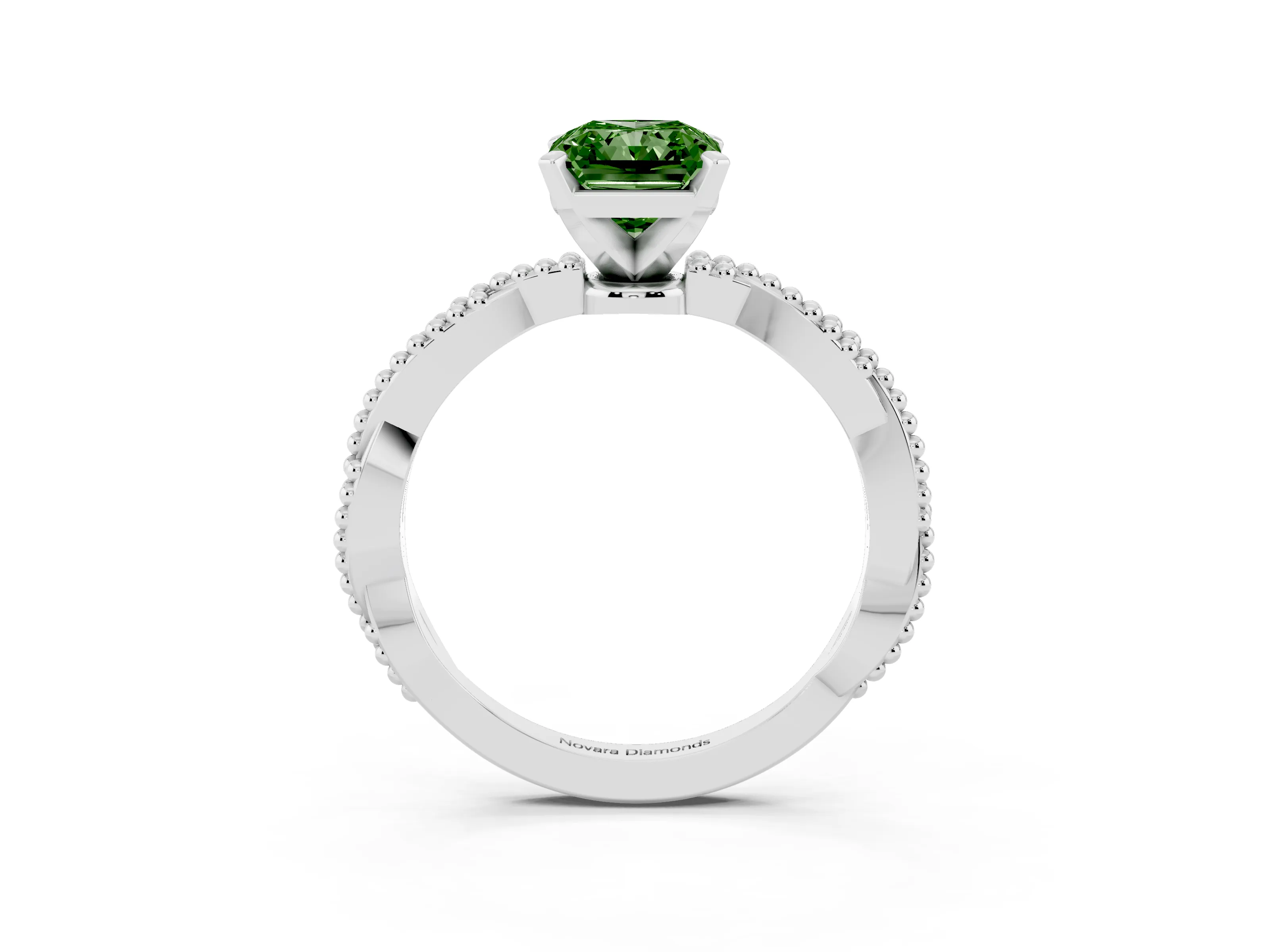 Fancy Green Radiant Cut Diamond Solitaire Ring Set in Silver with Twisted Band and Bead Prong Setting