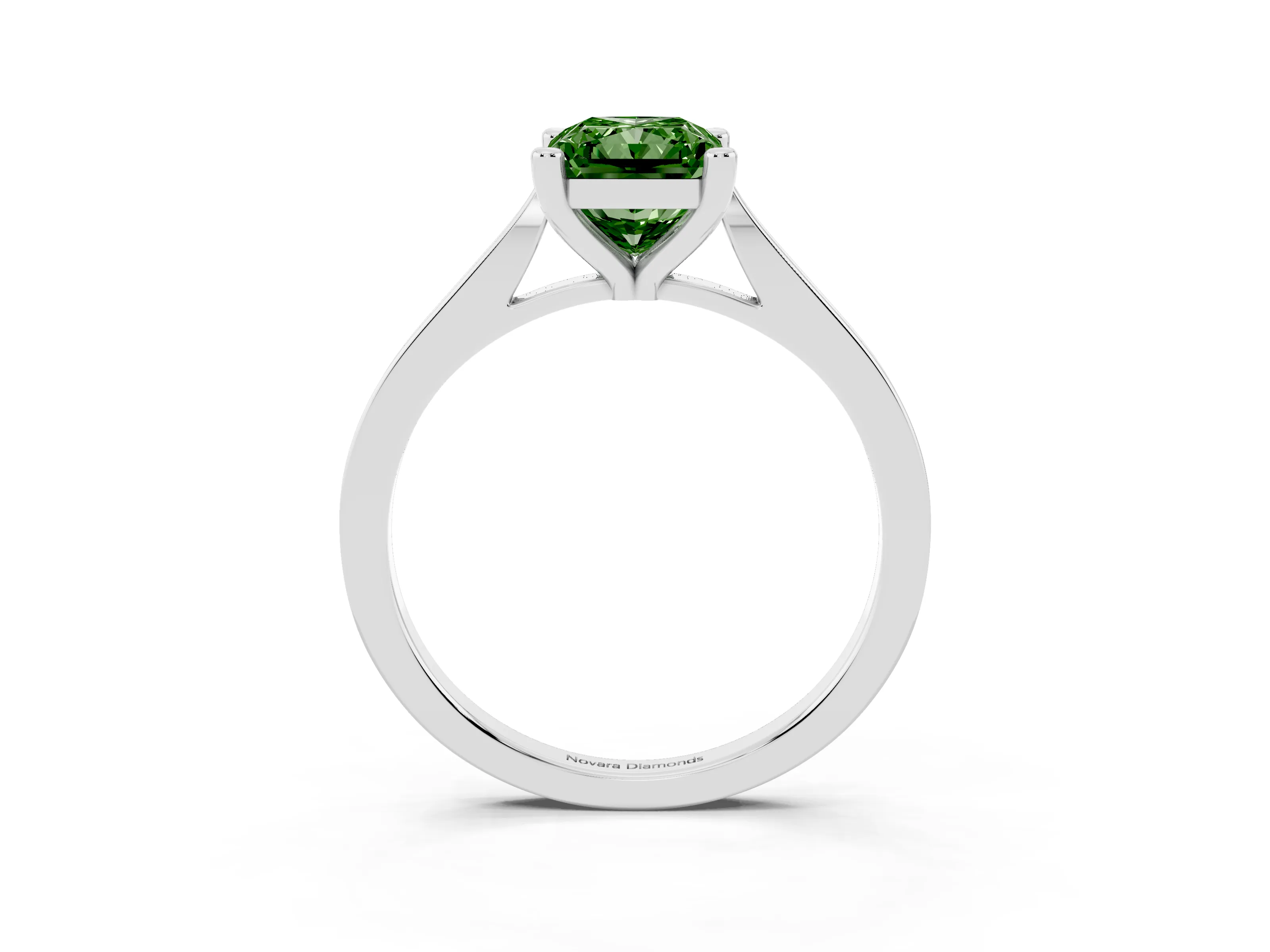 Fancy Green Radiant Cut Diamond Solitaire Ring Set in Silver with Prong Setting and Tapered Band