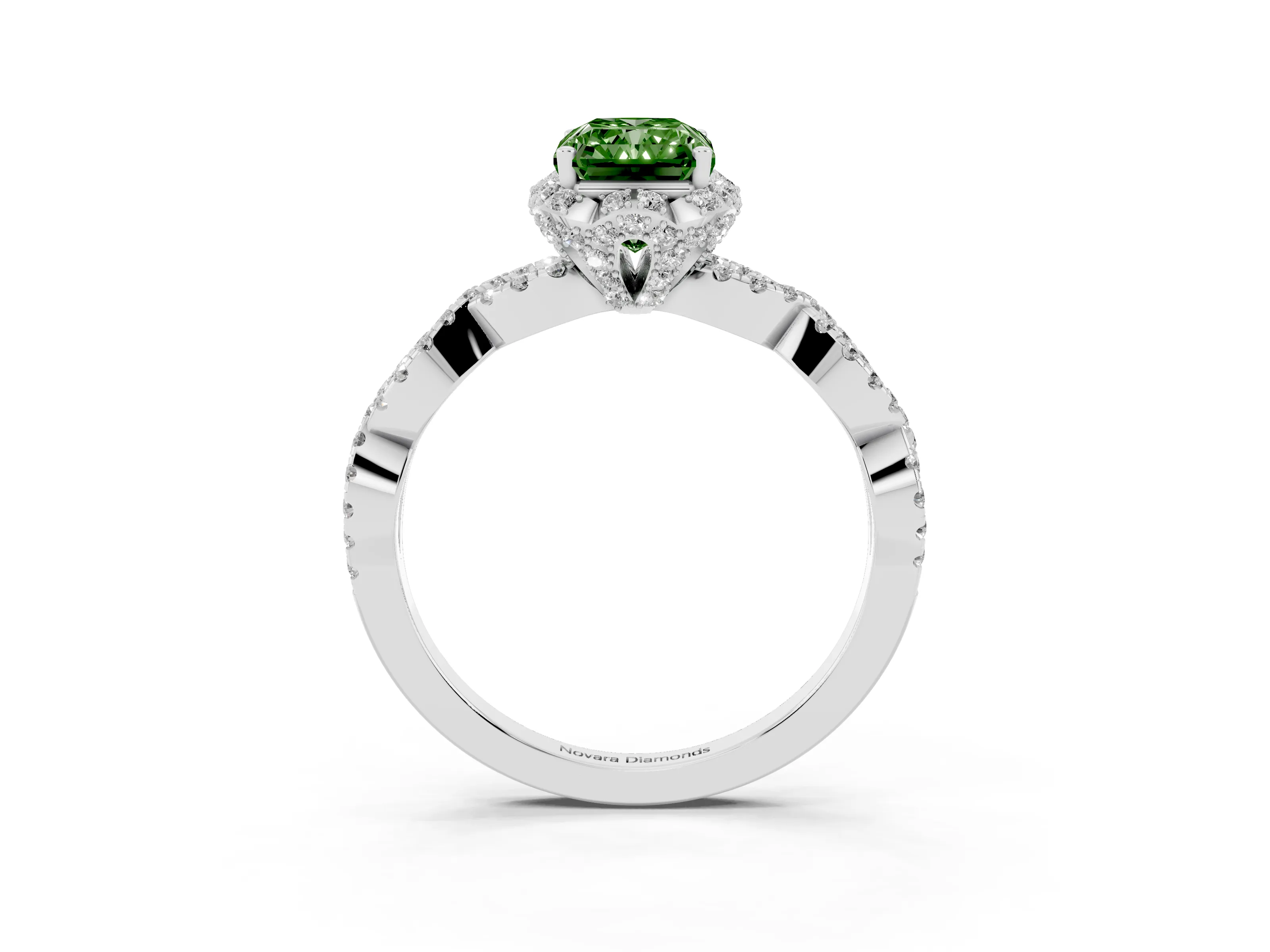 Fancy Green Radiant Cut Diamond Halo Twist Band Solitaire Ring Set in White gold with Prong-Set Center Stone