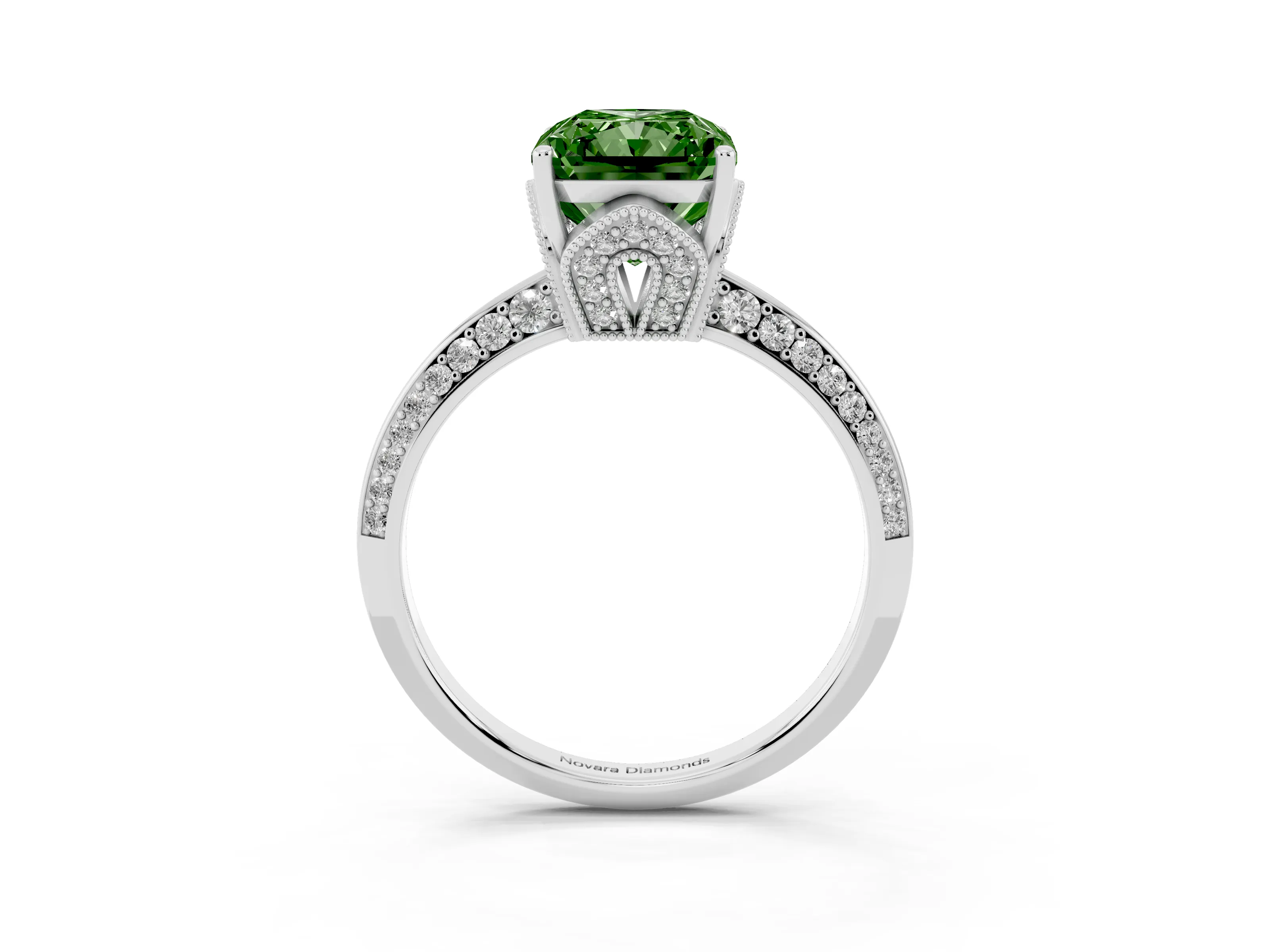 Fancy Green Radiant Cut Diamond Solitaire Engagement Ring Set in Silver with Pavé Split Shank and Prong Setting