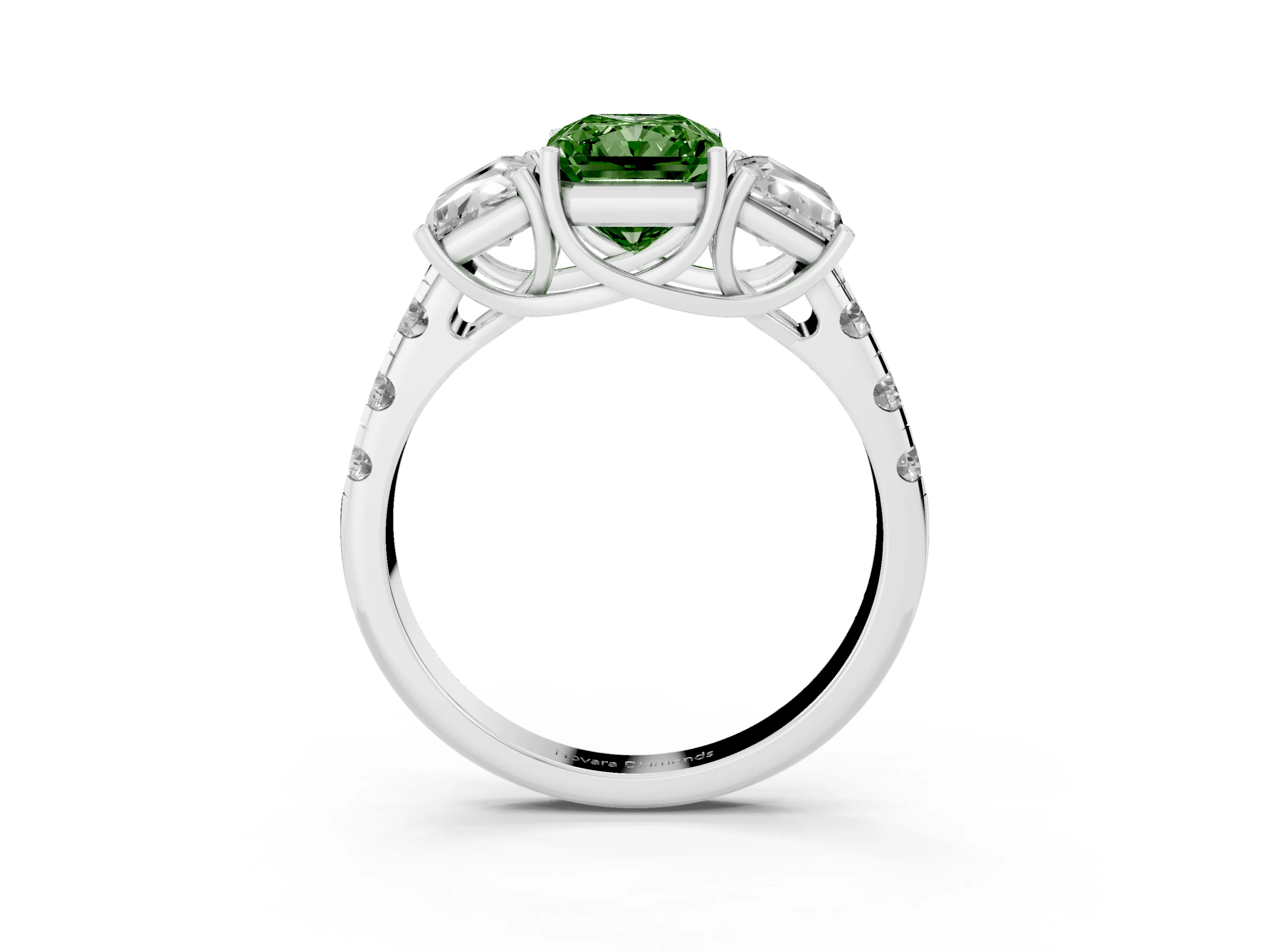 Fancy Green Radiant Cut Diamond Three-Stone Ring Set in Platinum with Pavé Band