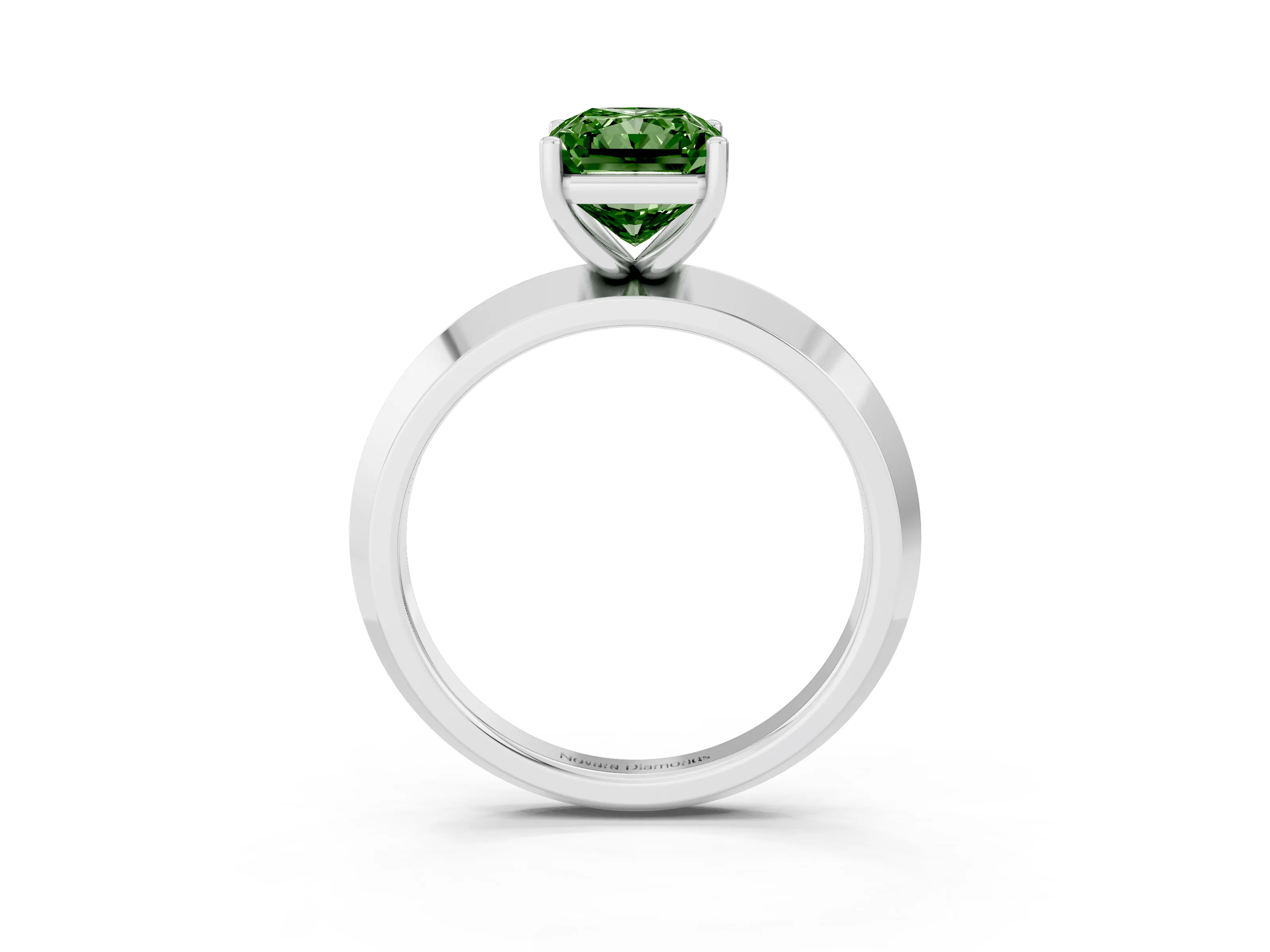 Fancy Green Radiant Cut Diamond Solitaire Engagement Ring Set in Silver with Flat Band and Prong Setting