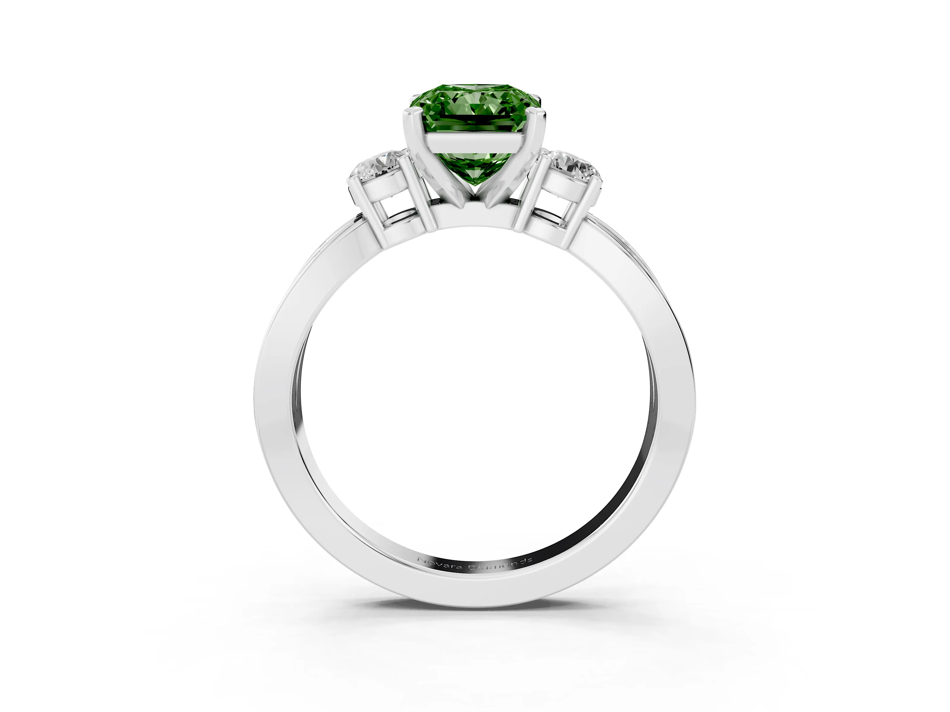 Fancy Green Three-Stone Radiant Cut Diamond Twist Band Ring Set in Platinum with Pavé Accents and Prong Setting