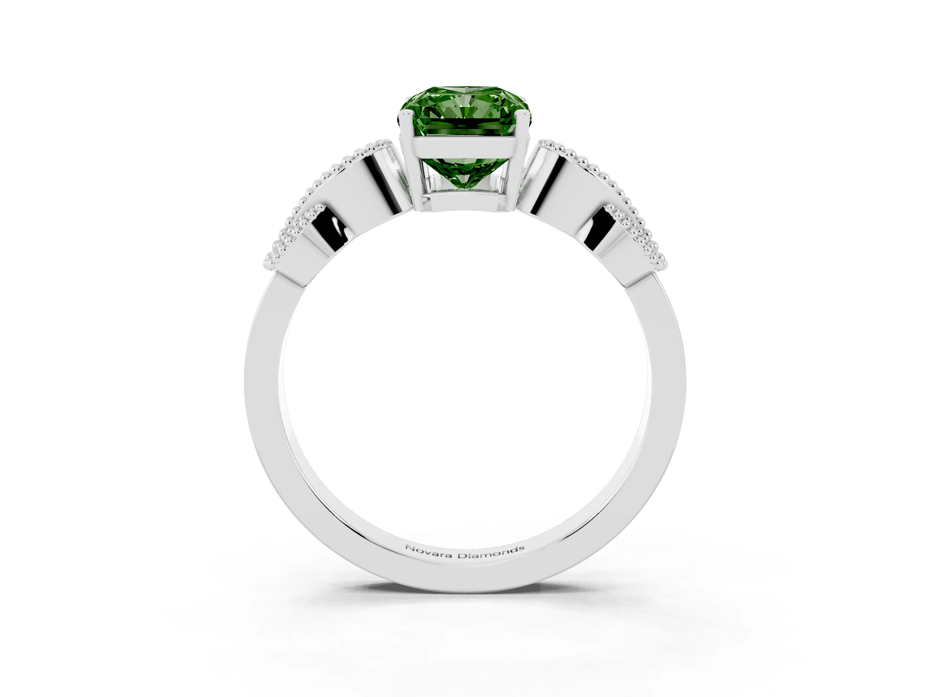 Fancy Green Radiant Cut Diamond Milgrain Leaf Band Solitaire Ring Set in Silver with Accent Stones and Prong Setting
