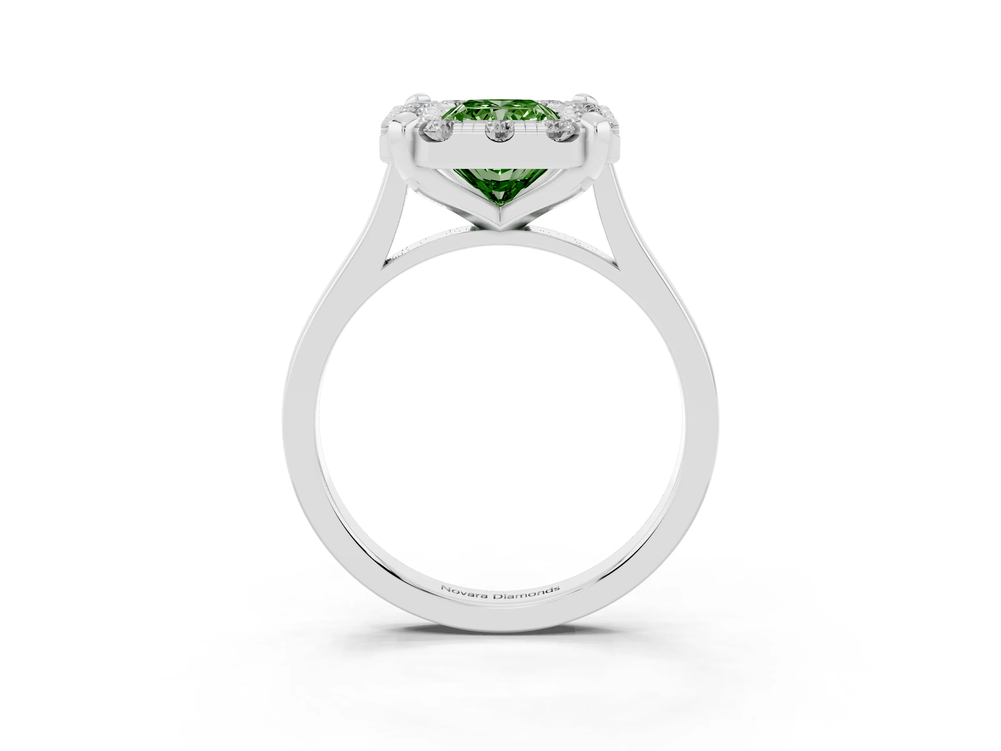 Fancy Green Radiant Cut Diamond Cluster Halo Solitaire Ring Set in Silver with Prong Setting