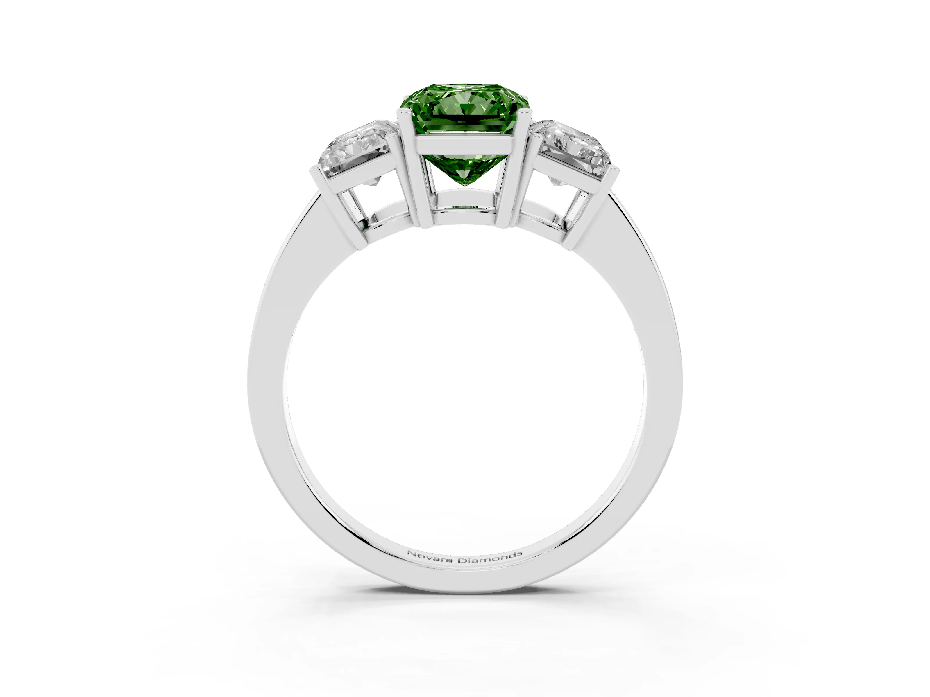 Fancy Green Radiant Cut Diamond Three-Stone Engagement Ring Set in White gold with Flat Band