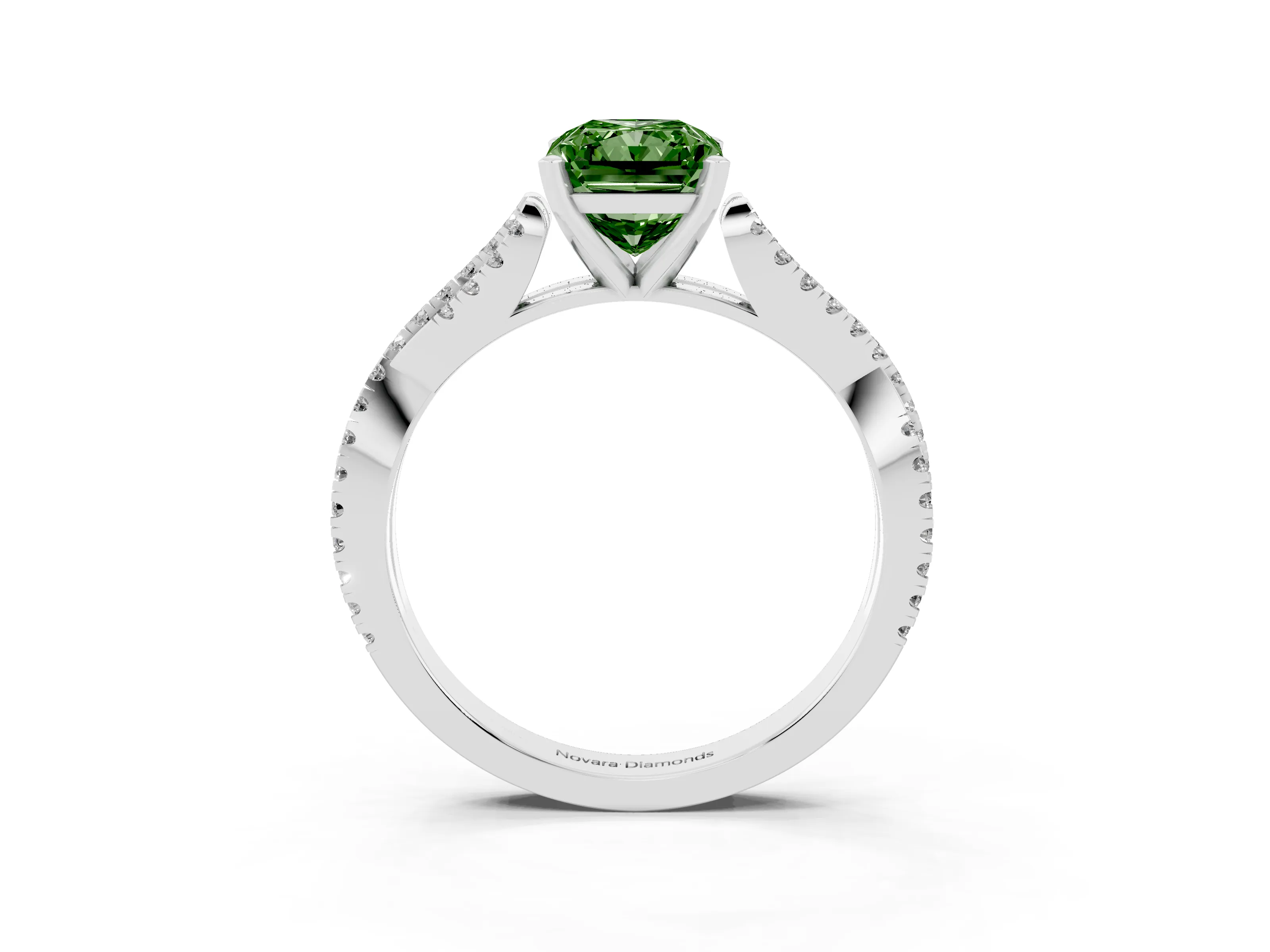 Fancy Green Radiant Cut Diamond Solitaire Engagement Ring Set in Platinum with Twisted Pavé Band and Prong Setting