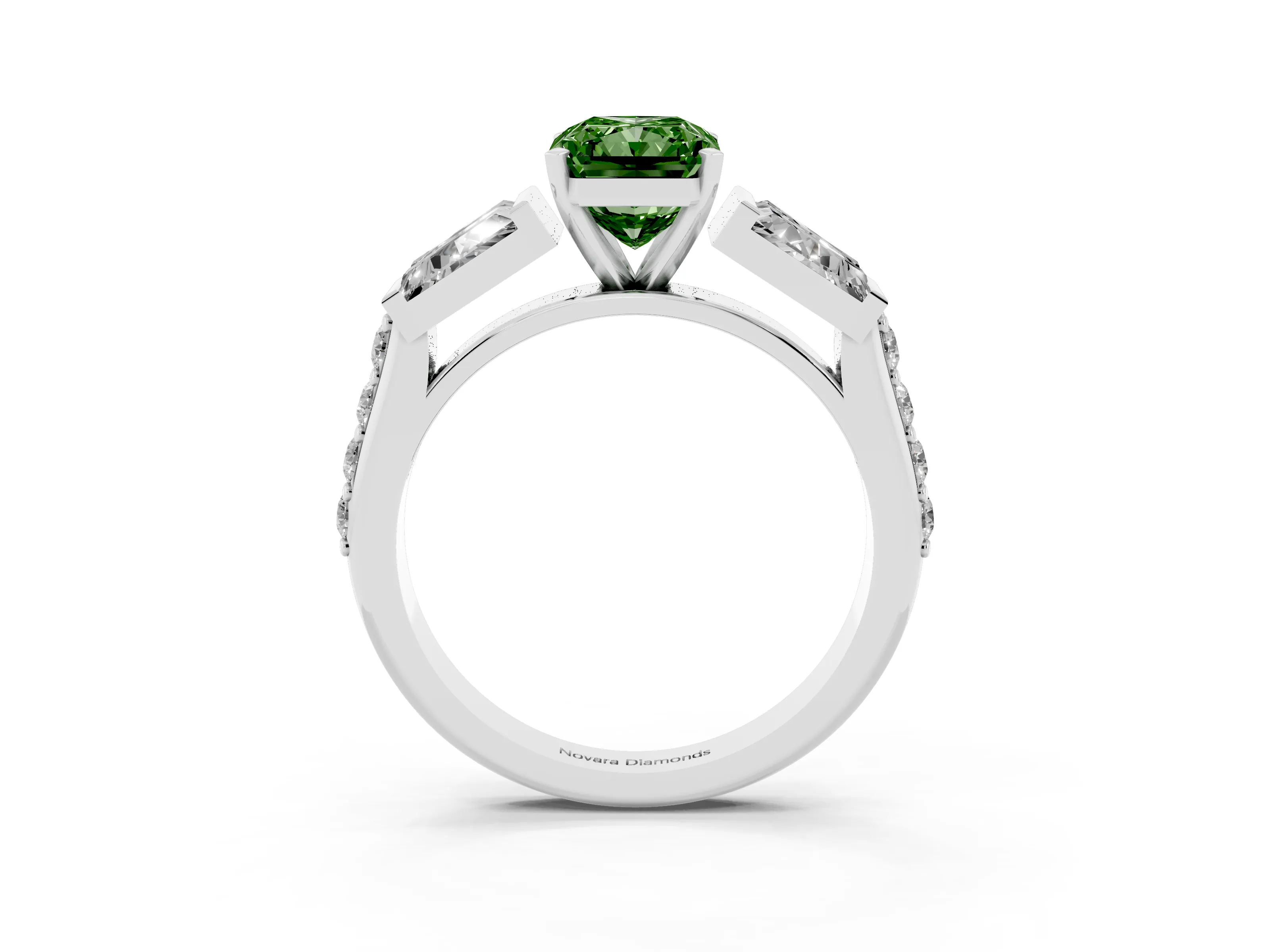 Fancy Green Radiant Cut Diamond Engagement Ring Set in Silver with Baguette Side Stones and Channel Set Band