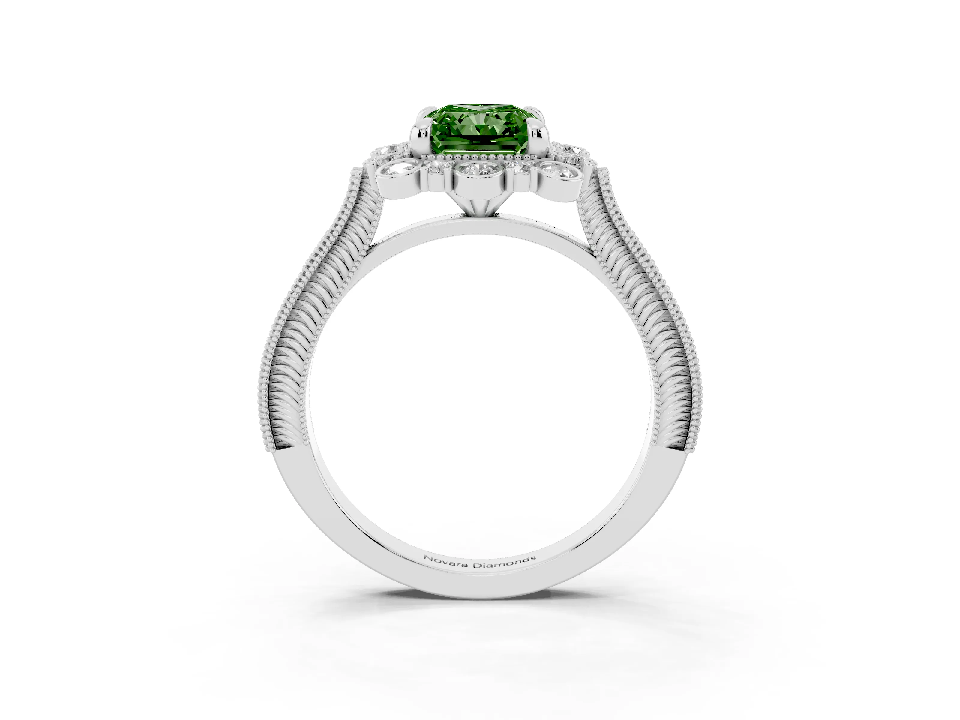 Fancy Green Radiant Cut Diamond Halo Milgrain Pavé Ring Set in Silver with Prong Setting