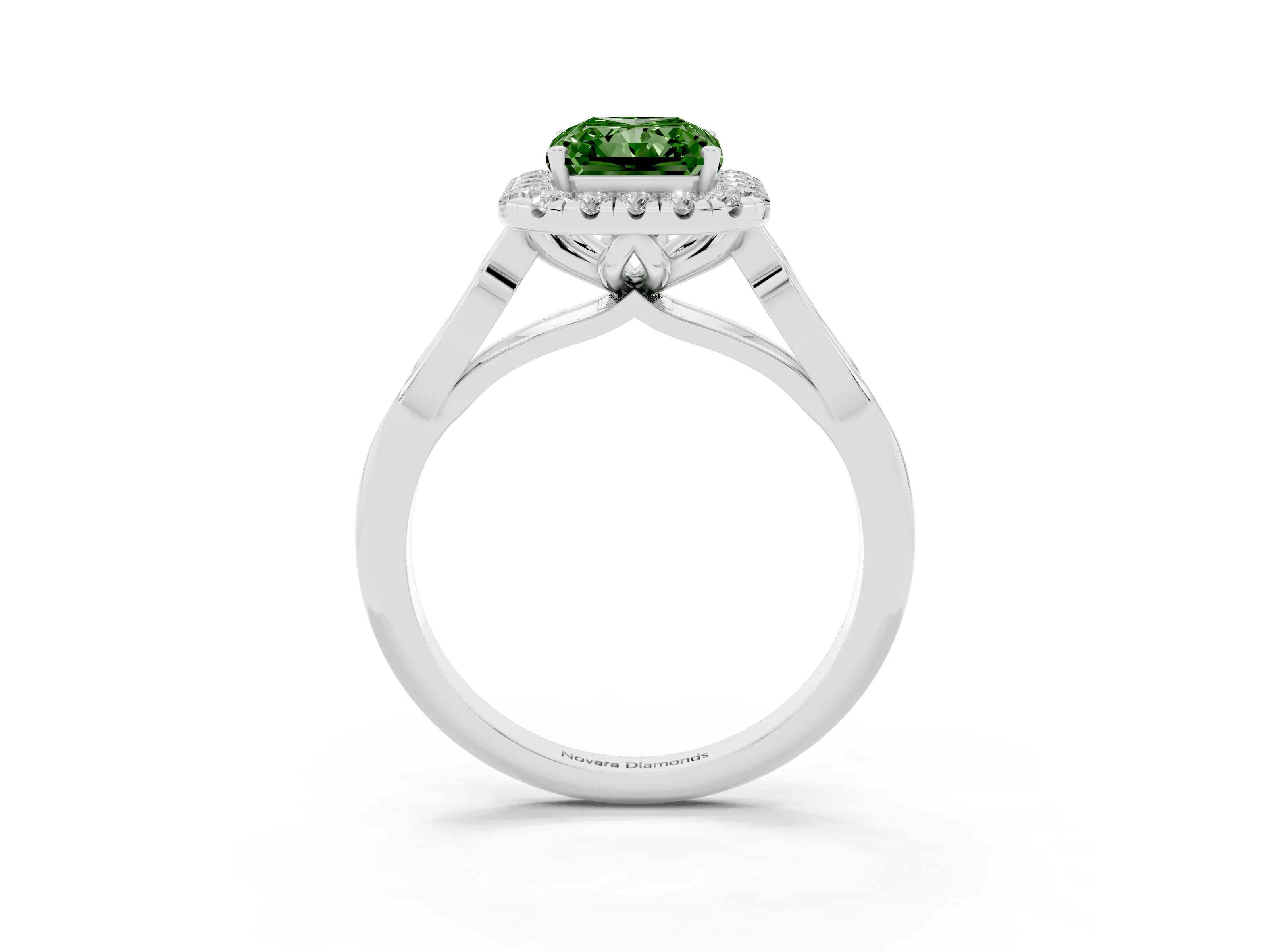 Fancy Green Radiant Cut Diamond Halo Engagement Ring Set in White gold with Filigree Band and Prong-Set Center