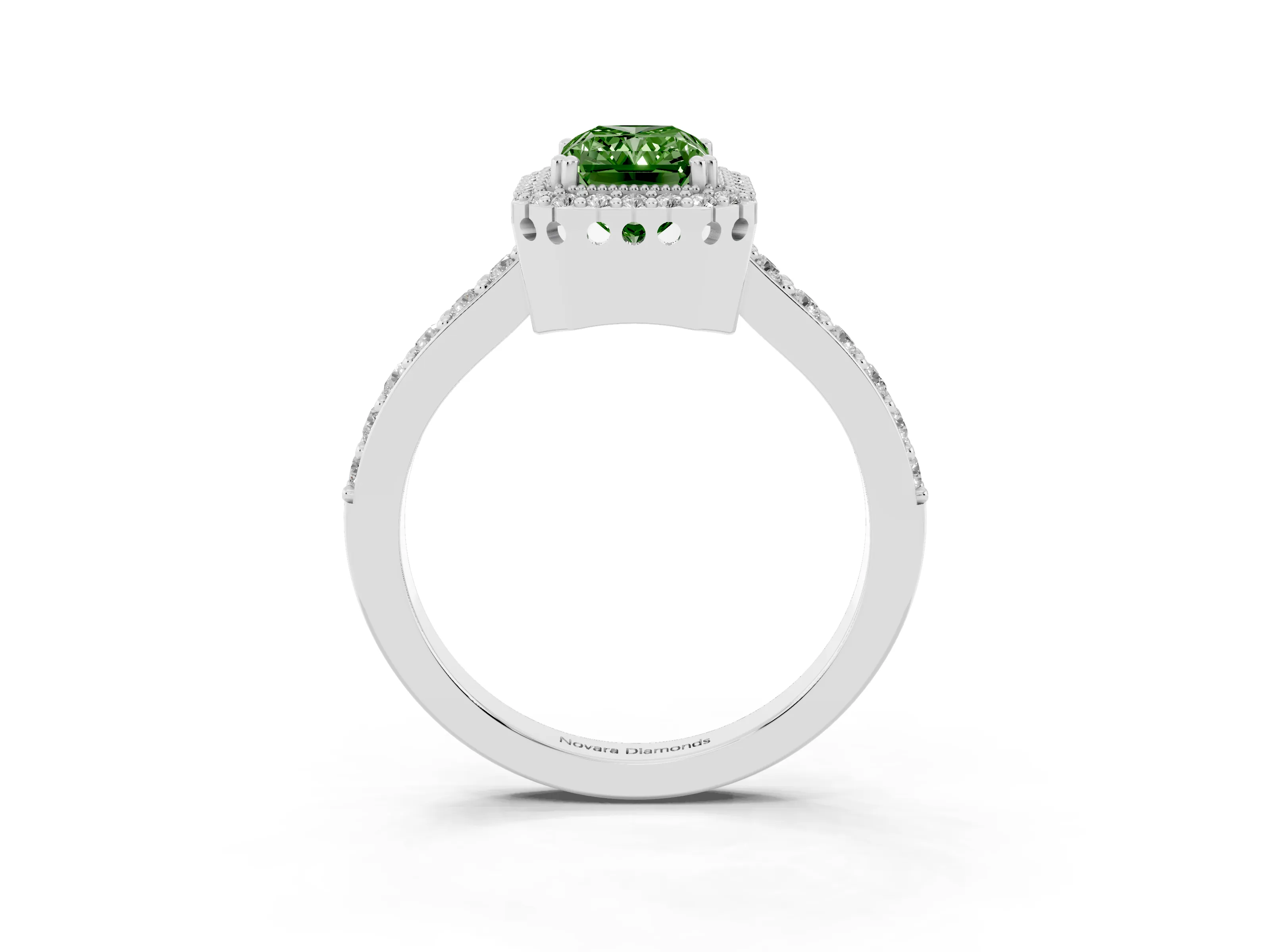 Fancy Green Radiant Cut Diamond Halo Engagement Ring Set in Silver with Milgrain Detail and Pavé Band