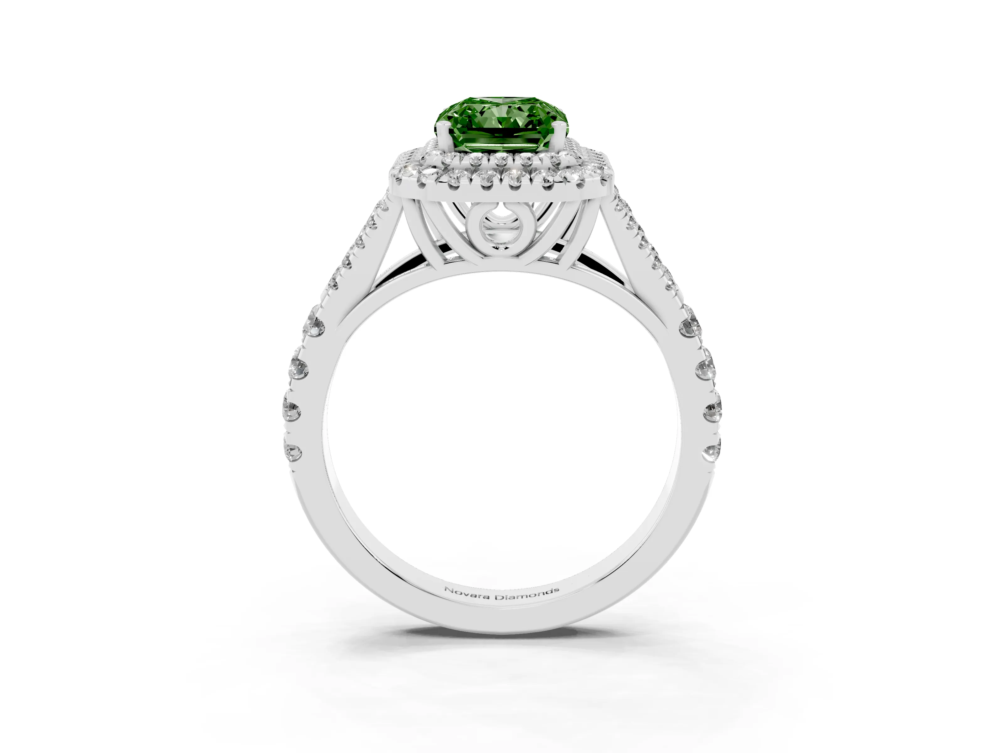 Fancy Green Radiant Cut Diamond Pavé Split Shank Double Halo Engagement Ring Set in Platinum