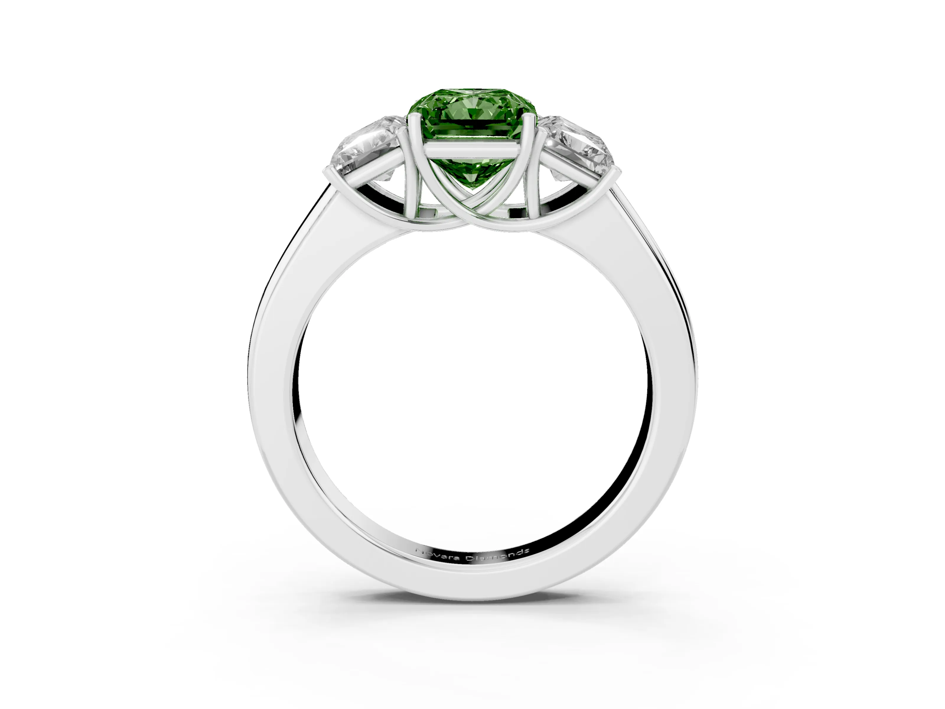 Fancy Green Three-Stone Radiant Cut Diamond Ring Set in White gold with Matching Prong Settings and Plain Band
