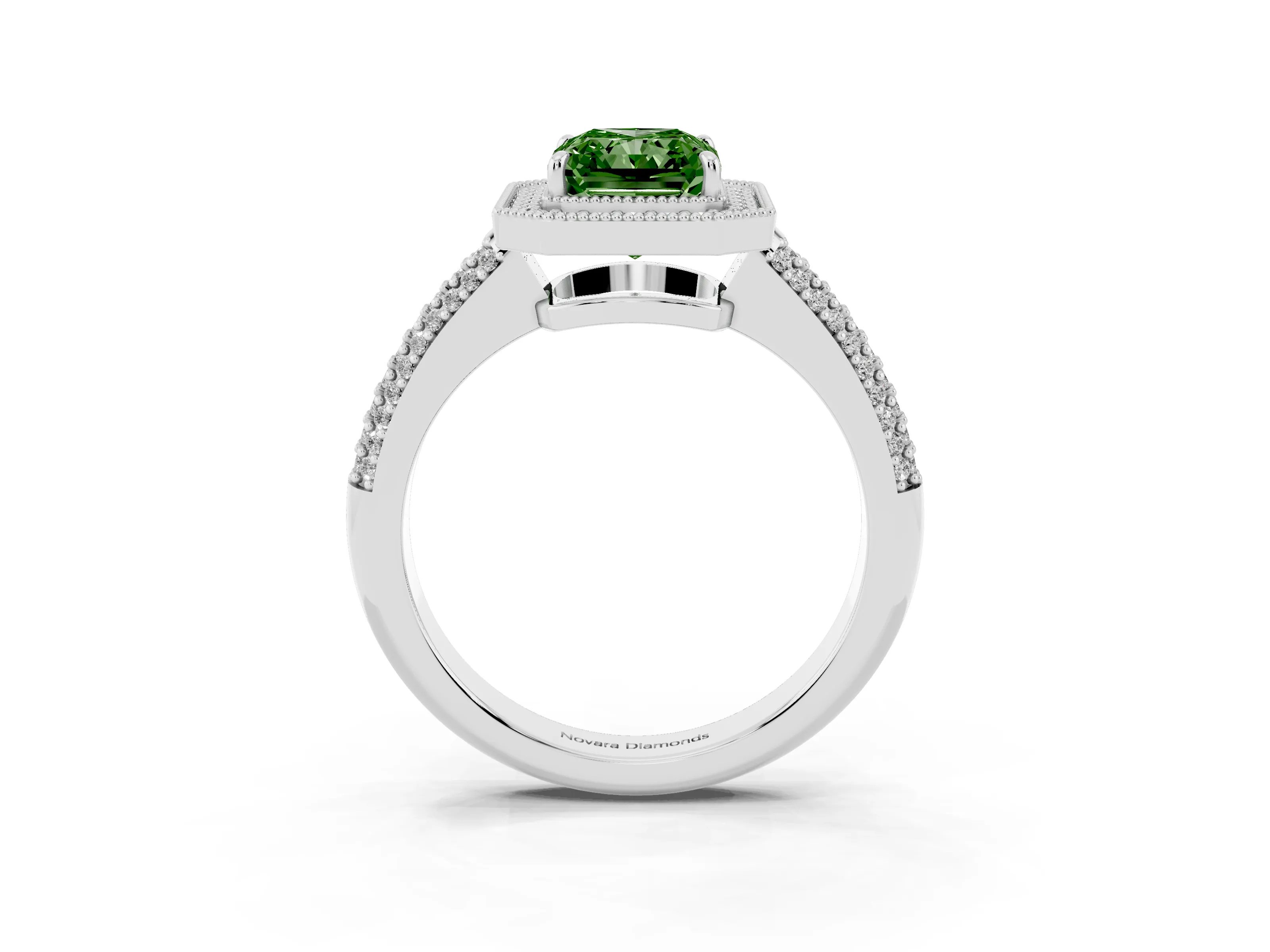 Fancy Green Radiant Cut Diamond Halo Pavé Band Set in White gold with Prong Setting