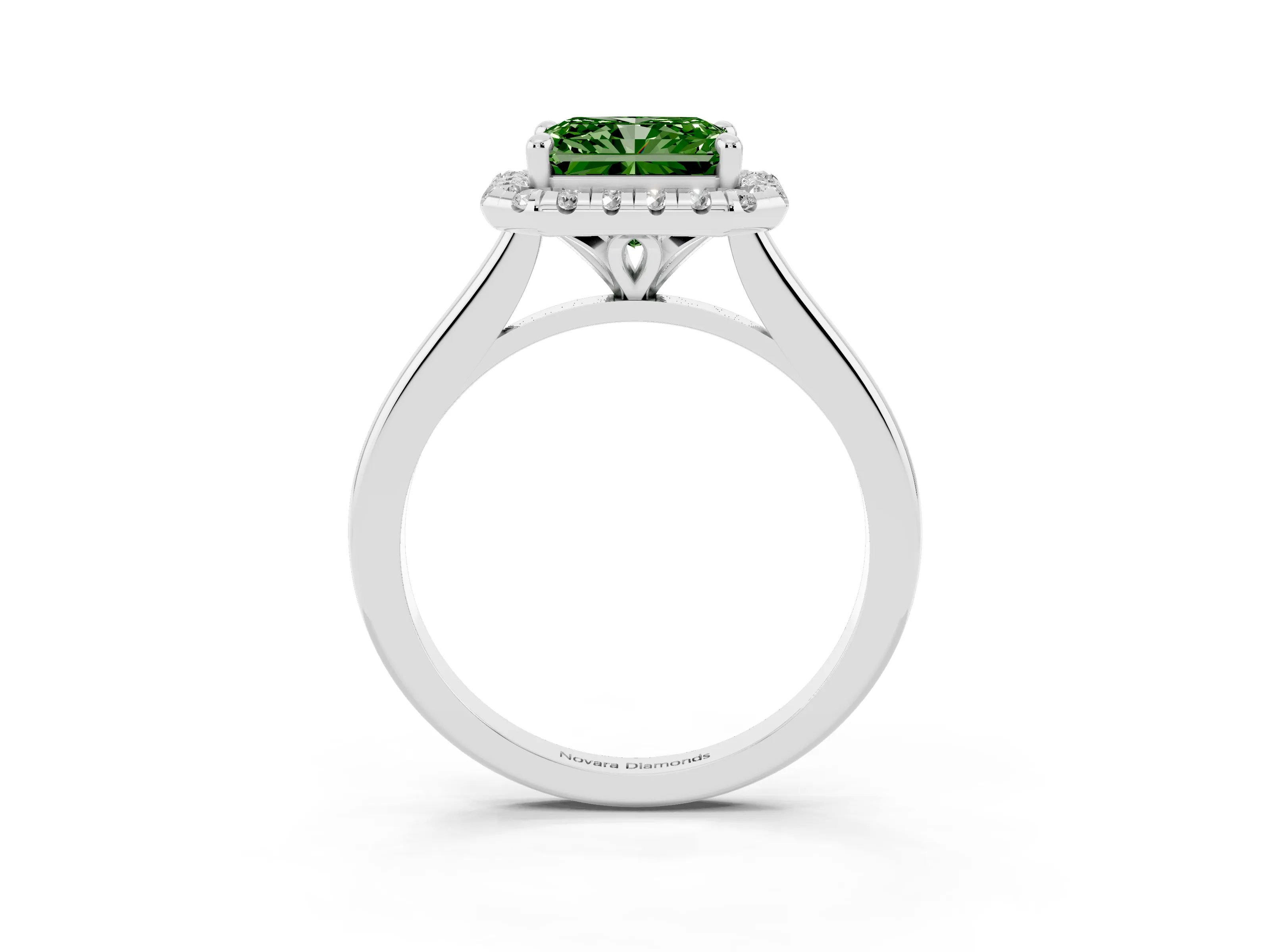 Fancy Green Radiant Cut Diamond Halo Engagement Ring Set in White gold with Pavé Band and Rising Shoulders