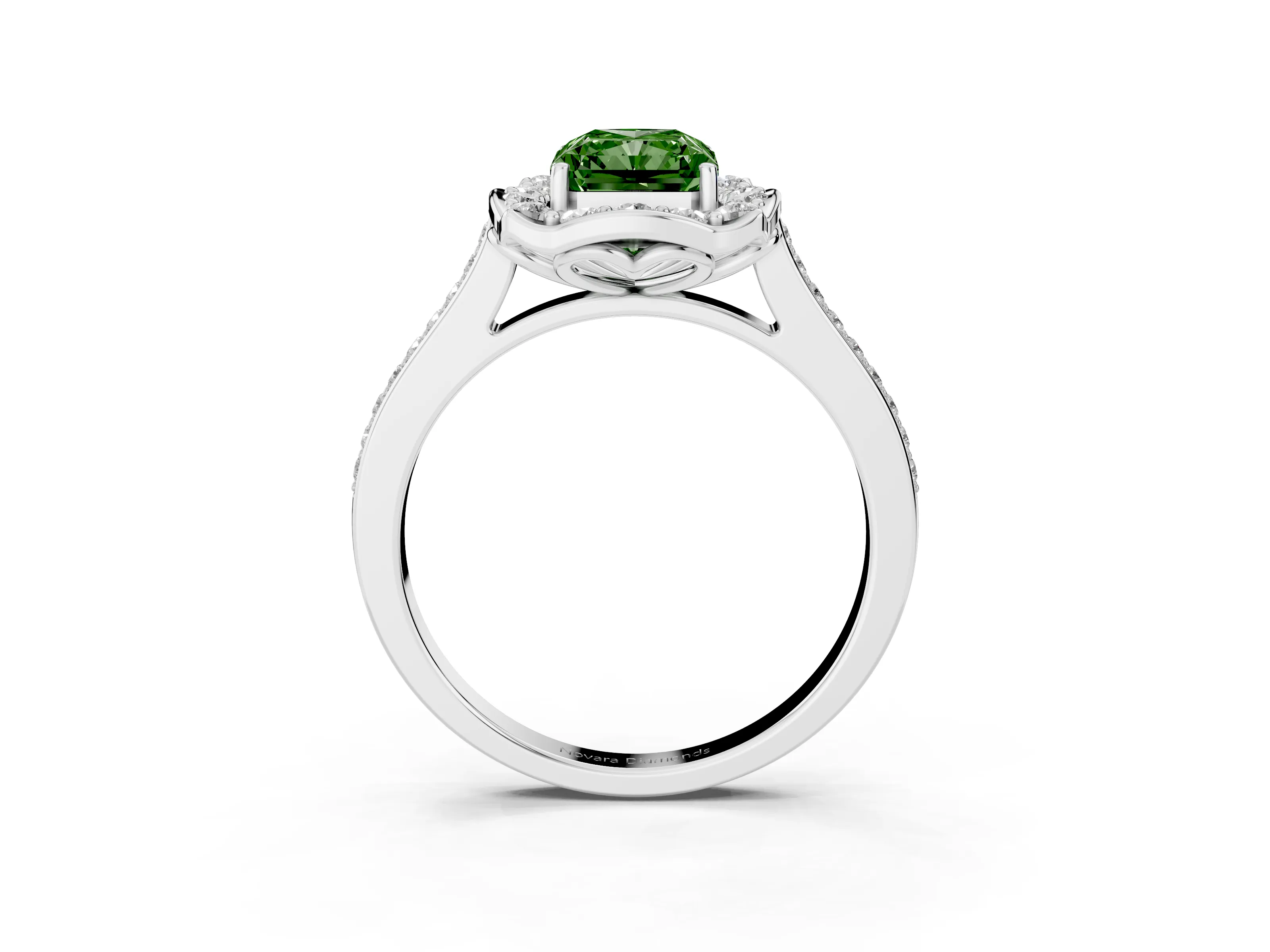 Fancy Green Radiant Cut Diamond Halo Ring Set in White gold with Pavé-Lined Shoulders and Prong Setting