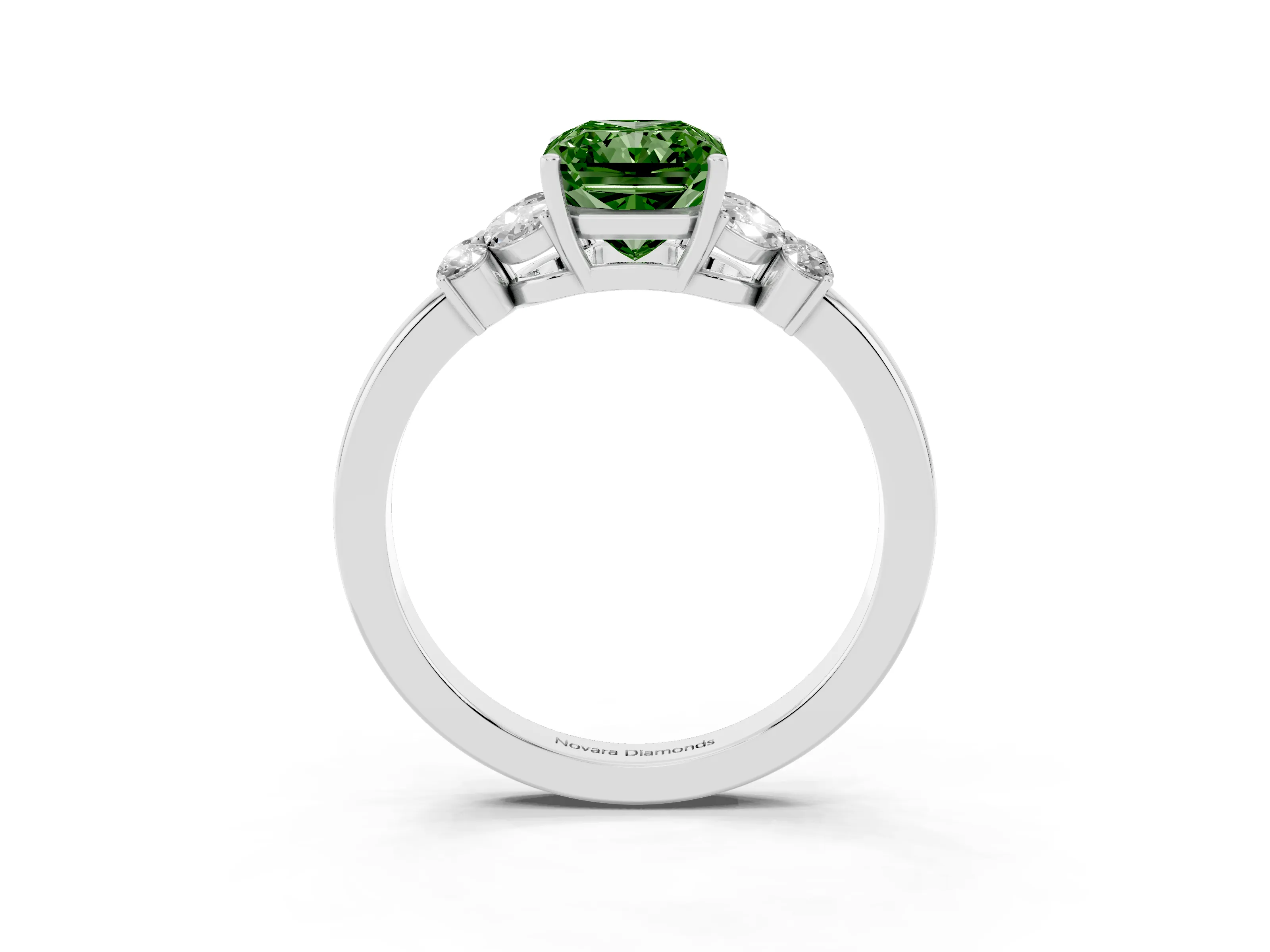 Fancy Green Radiant Cut Diamond Solitaire Floral Ring Set in Platinum with Marquise Petals and Prong Setting