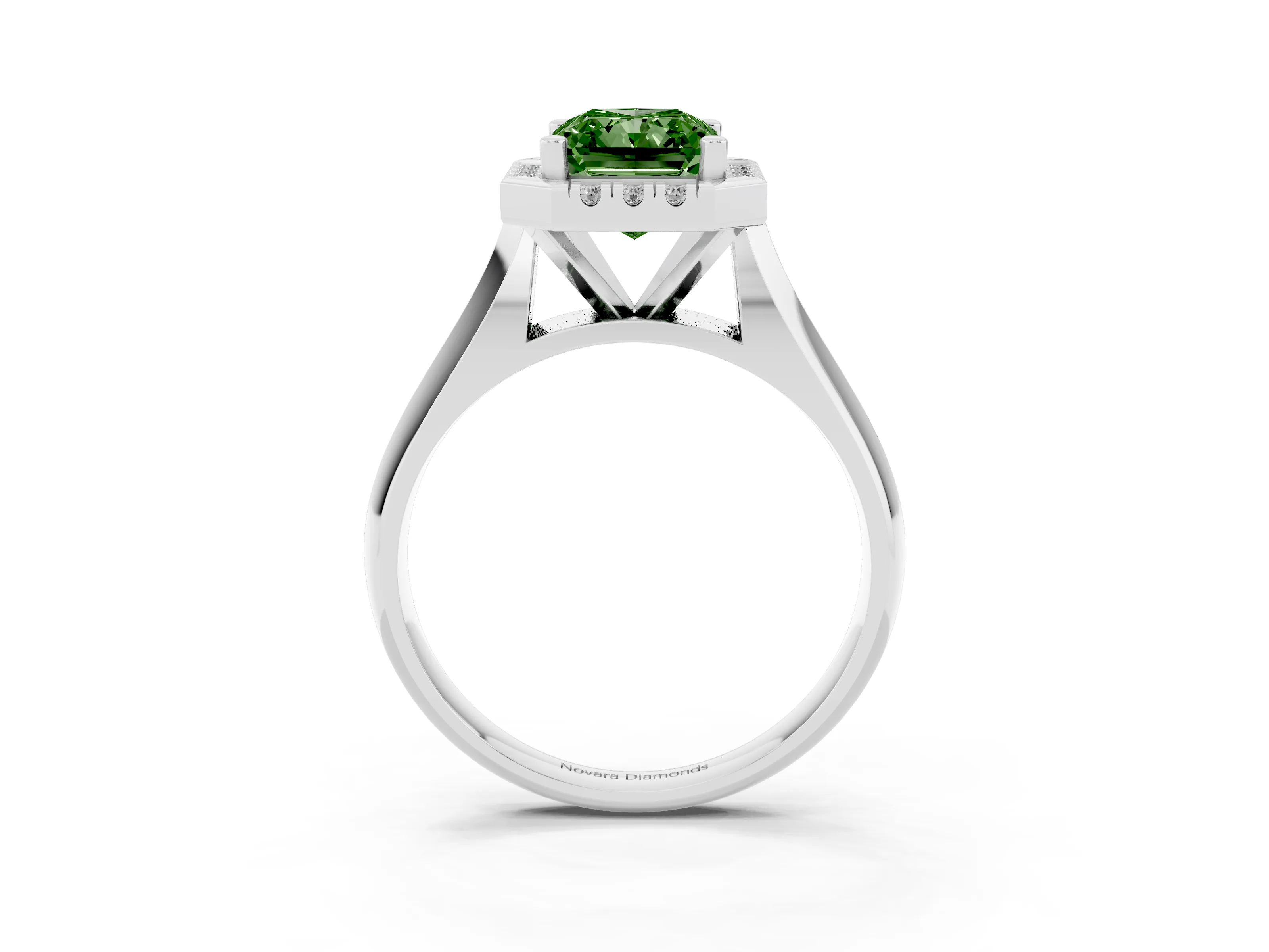 Fancy Green Radiant Cut Diamond Halo Solitaire Engagement Ring Set in White gold with Square Band and Prong Setting