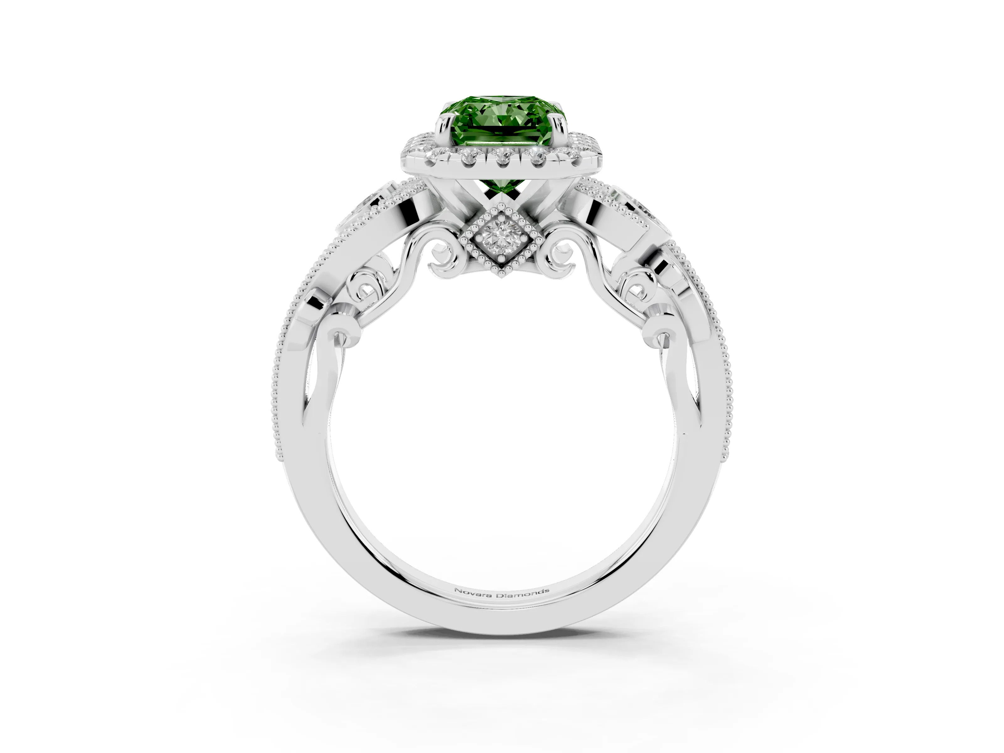 Fancy Green Radiant Cut Diamond Halo Ring Set in Silver with Milgrain Pavé Band and Prong Setting