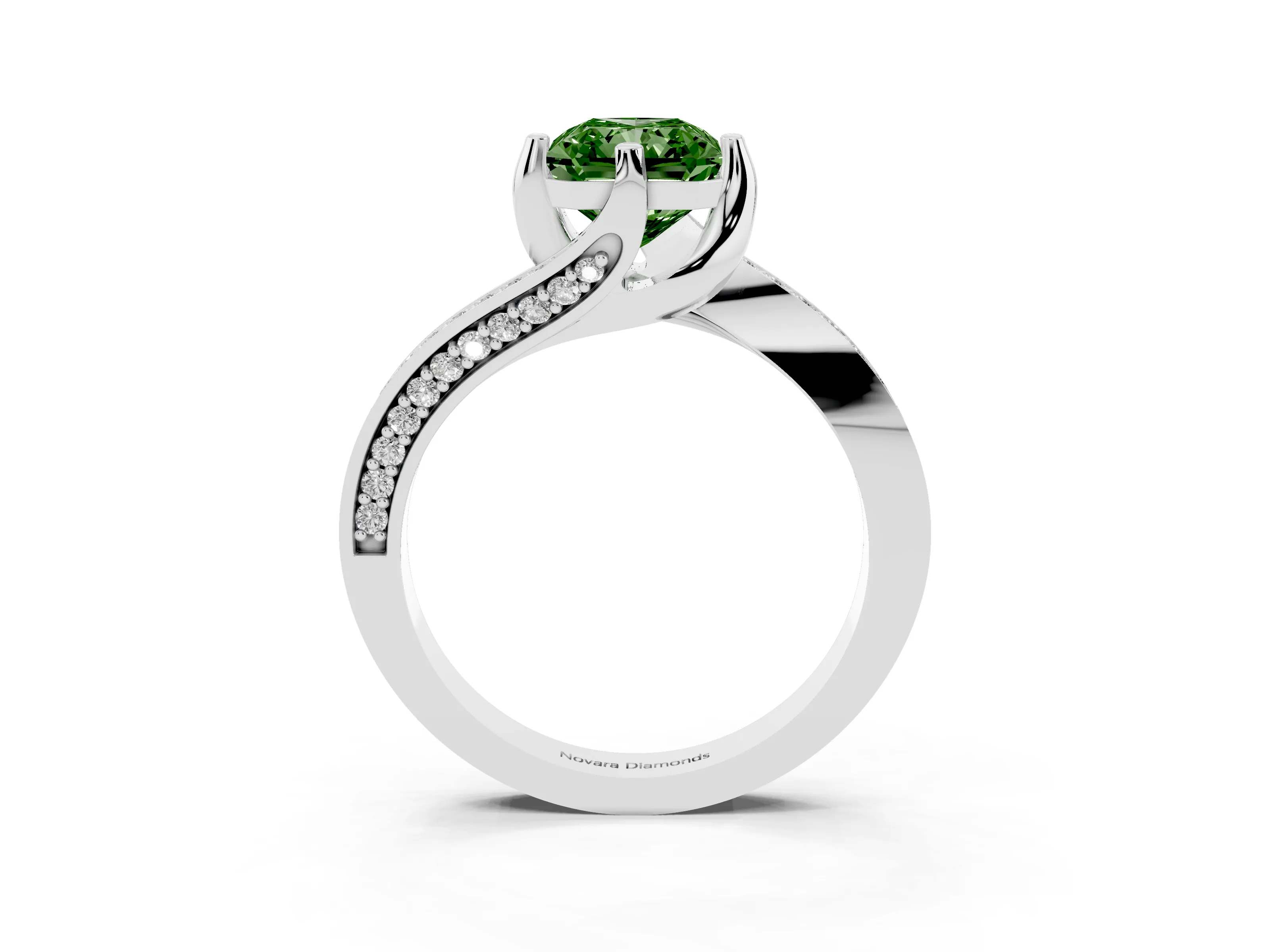 Fancy Green Radiant Cut Diamond Solitaire Ring Set in Platinum with Intertwined Pavé Twist Band