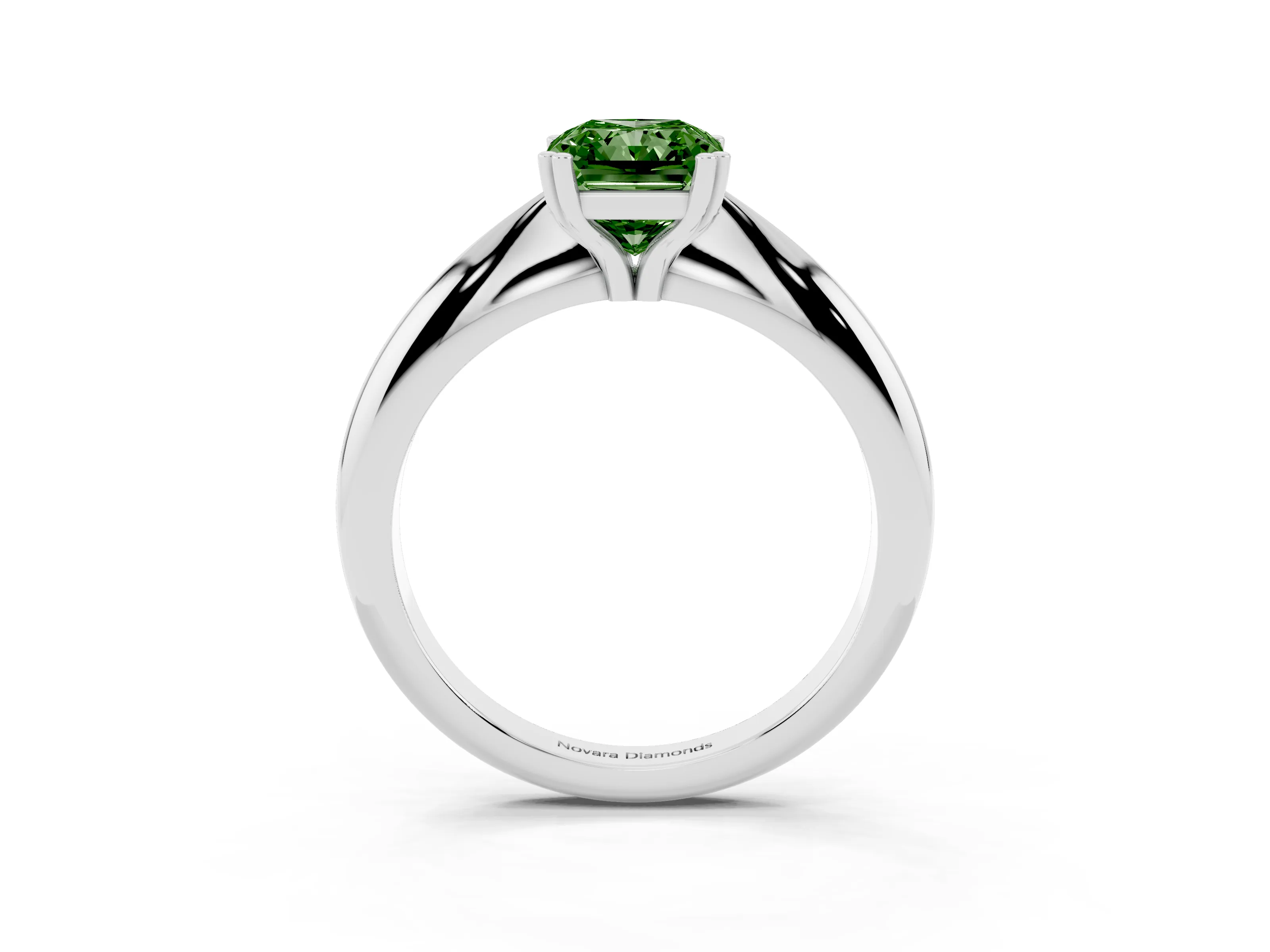 Fancy Green Radiant Cut Diamond Solitaire Engagement Ring Set in White gold with Tapered Band and Prong Setting