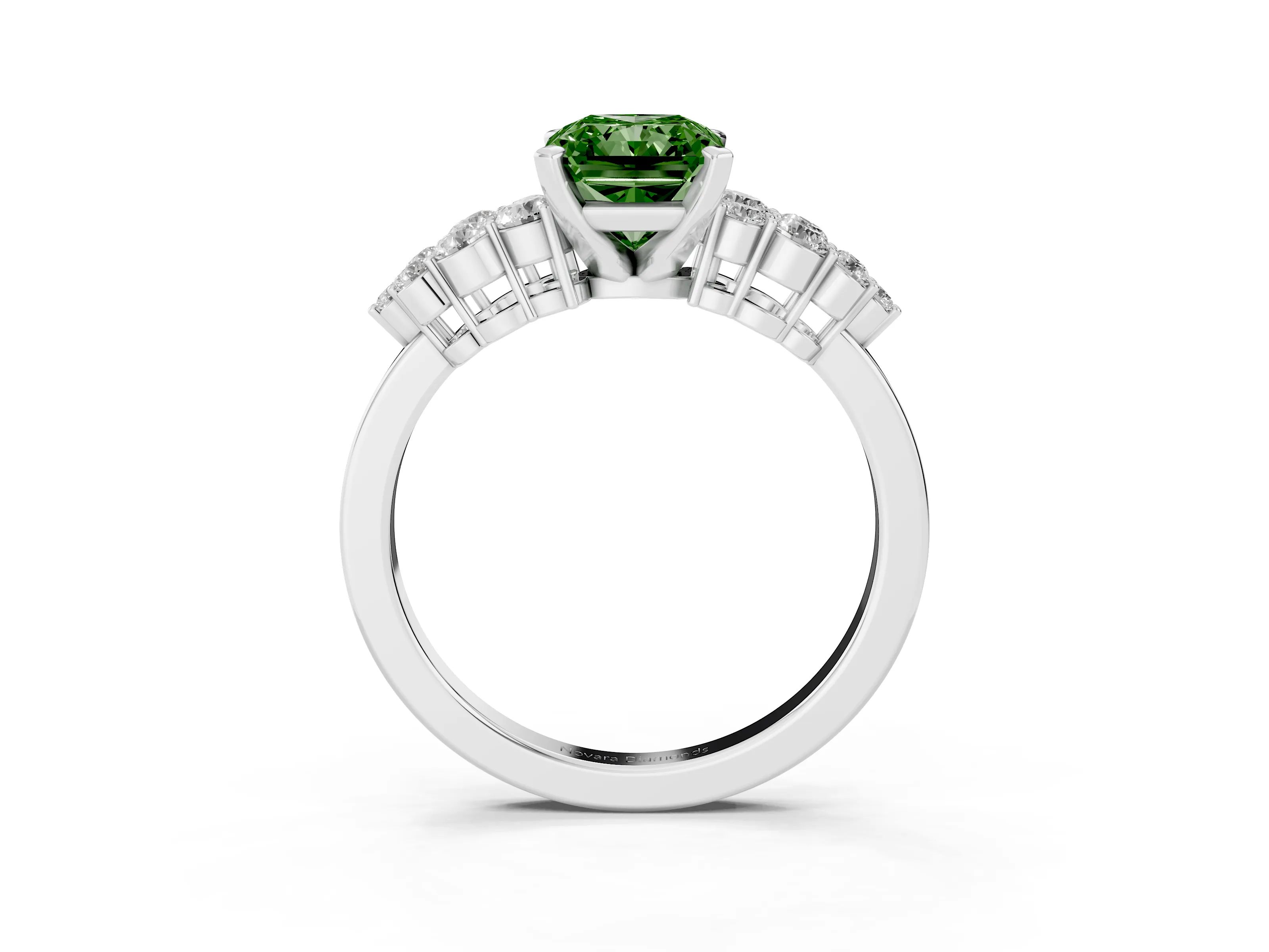 Fancy Green Radiant Cut Diamond Cluster Engagement Ring Set in Platinum with Pavé Band and Prong Setting