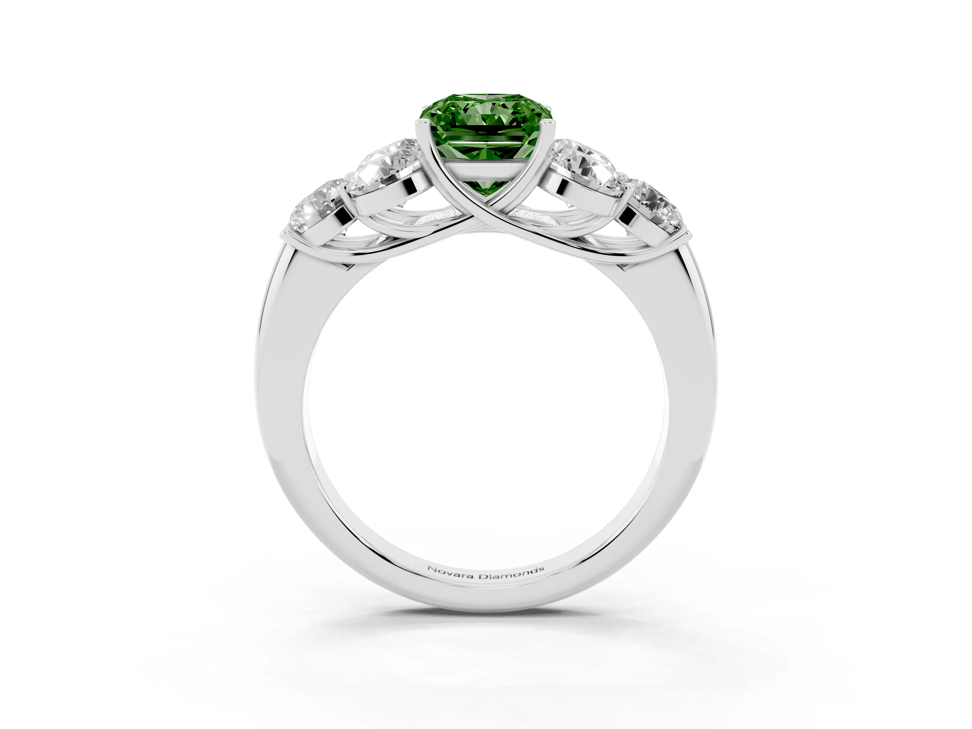 Fancy Green Radiant Cut Diamond Cluster Ring Set in Platinum with Round Accent Stones and Prong Setting on a Plain Band