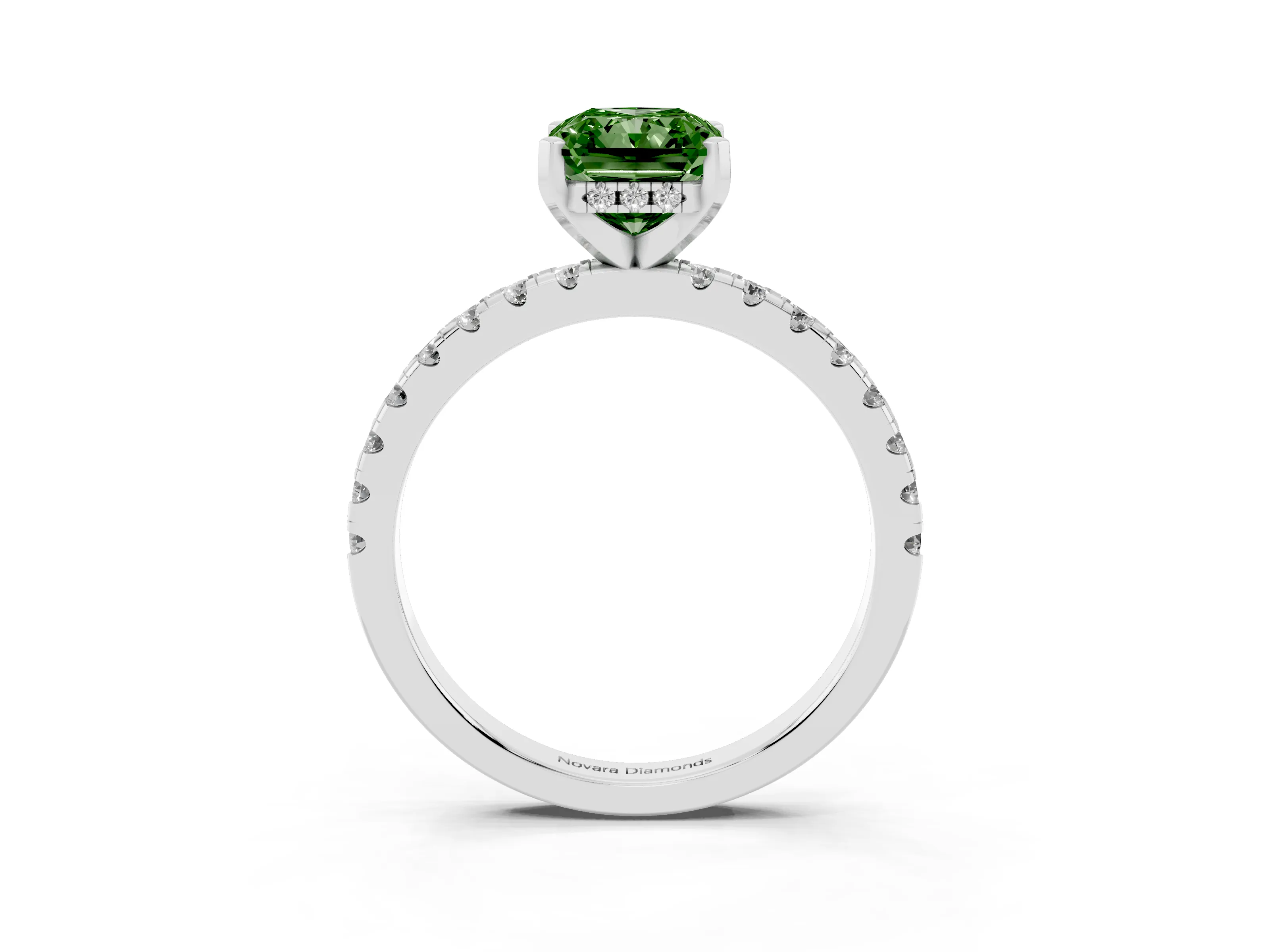 Fancy Green Radiant Cut Diamond Pavé Solitaire Ring Set in White gold with Round Band Accents and Prong Setting