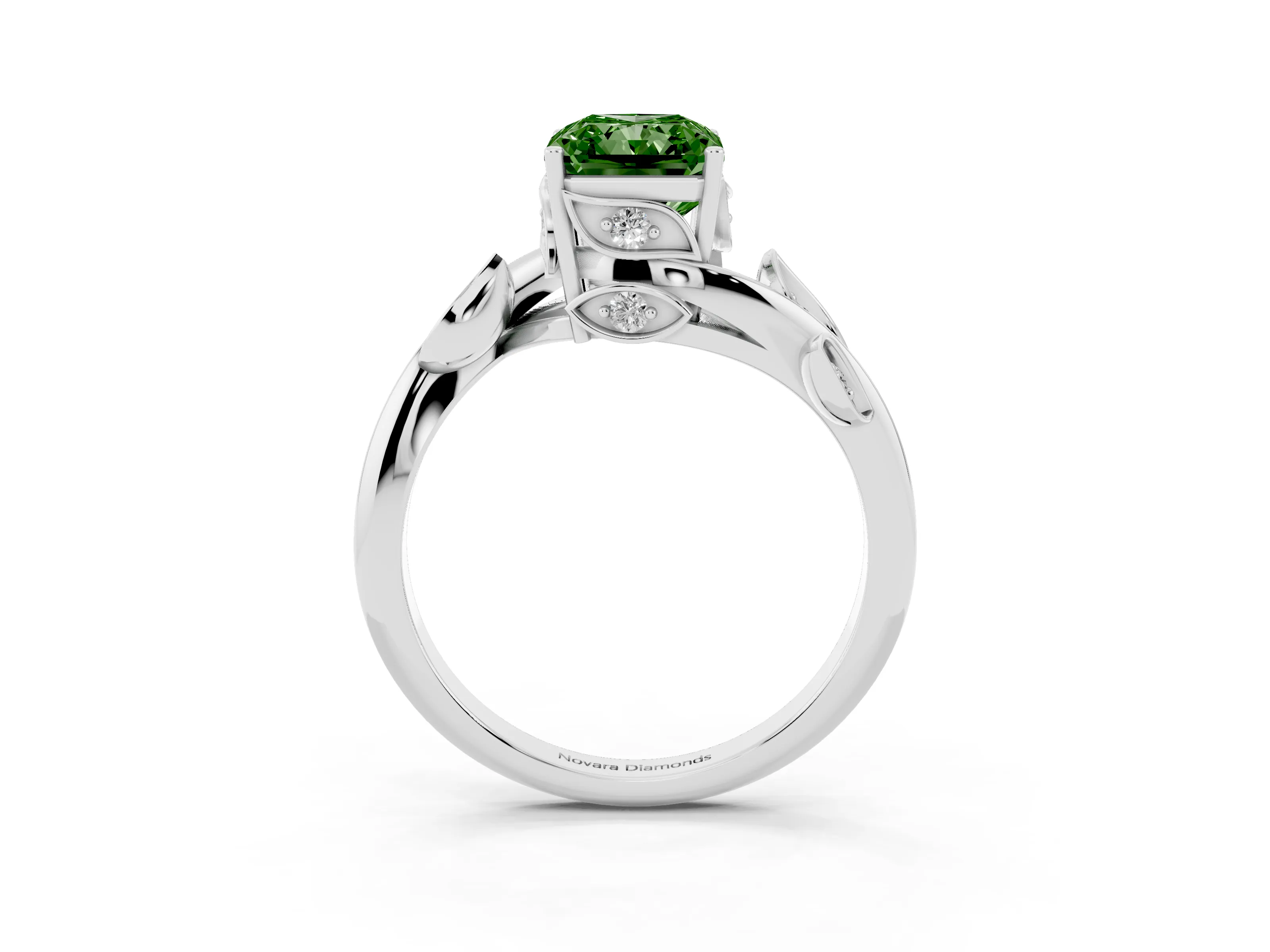 Fancy Green Radiant Cut Diamond Solitaire Twist Engagement Ring Set in White gold with Pavé Leaf Accents