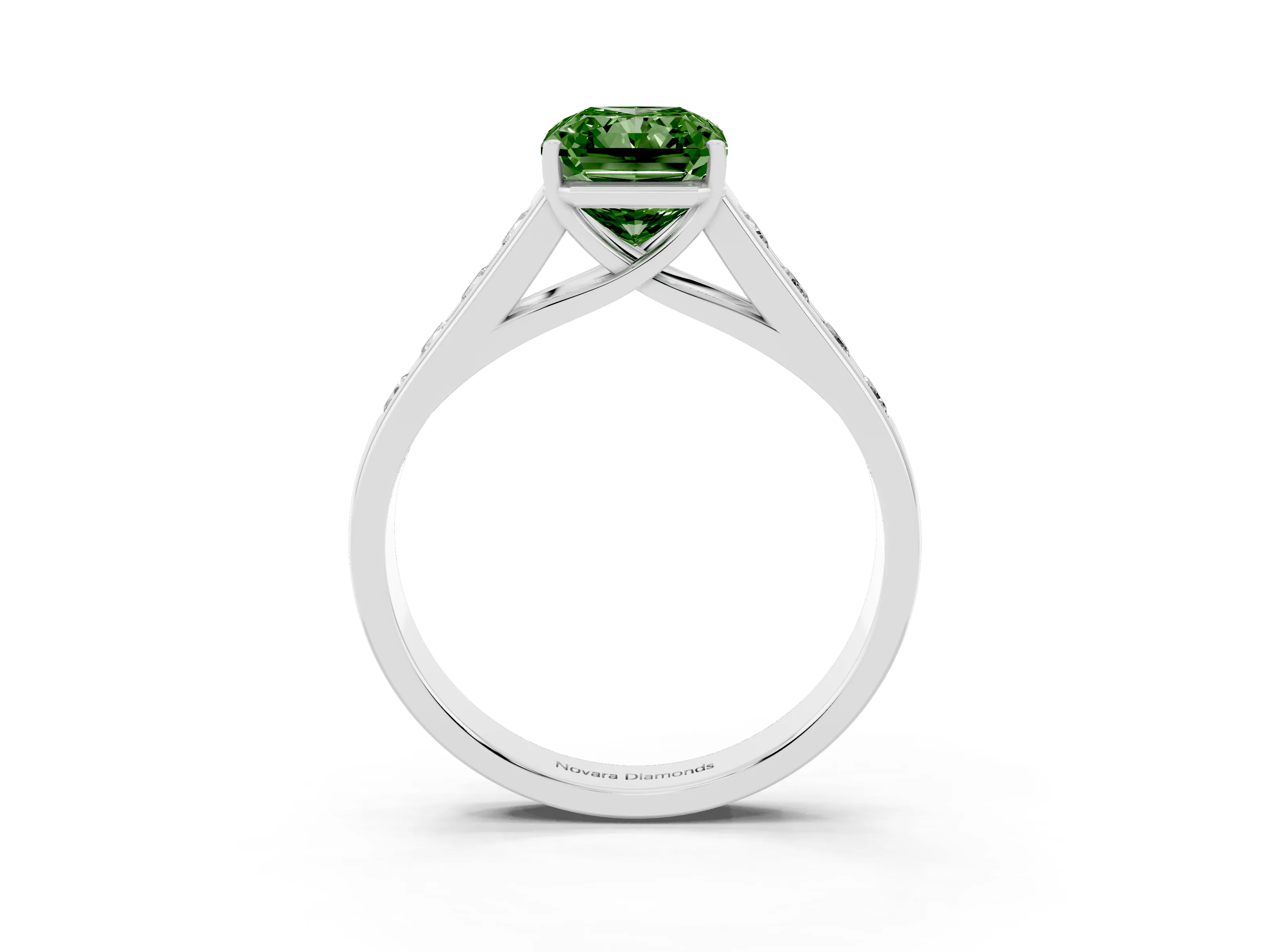 Fancy Green Radiant Cut Diamond Brilliant Channel-Set Solitaire Ring Set in White gold with Prong Setting