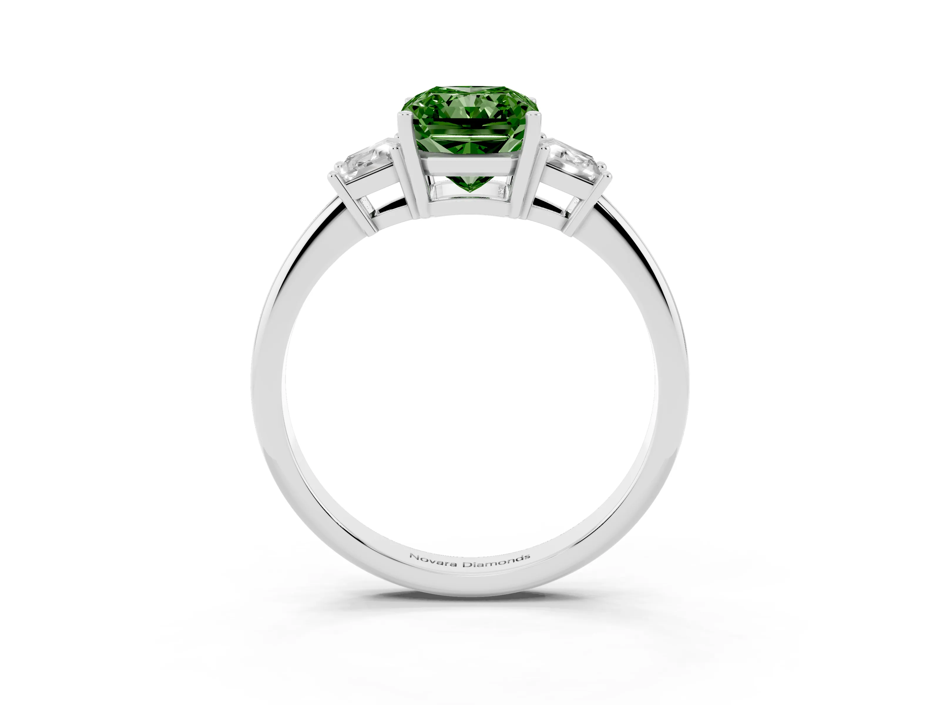 Fancy Green Radiant Cut Diamond Three-Stone Ring Set in Silver with Trapezoid Side Stones and Prong Setting
