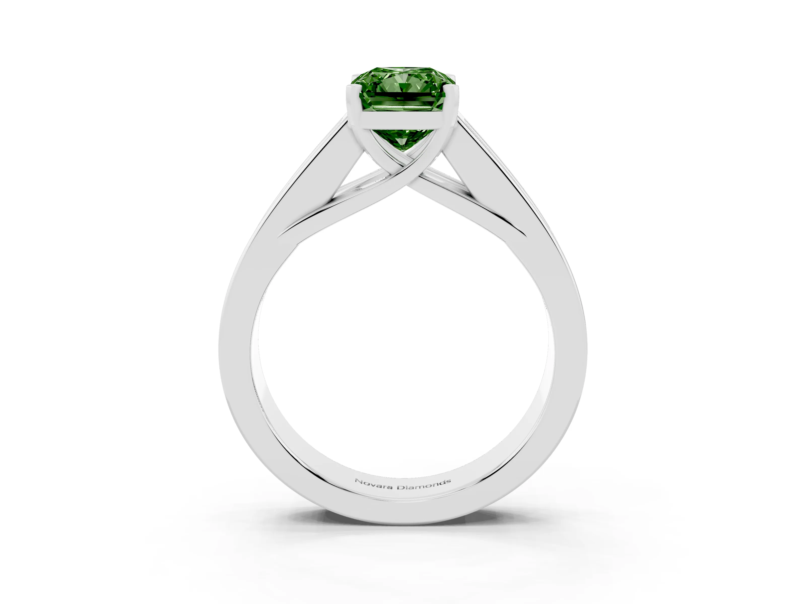 Fancy Green Radiant Cut Diamond Solitaire Ring Set in Silver with Channel-Set Accent Stones and Prong Setting