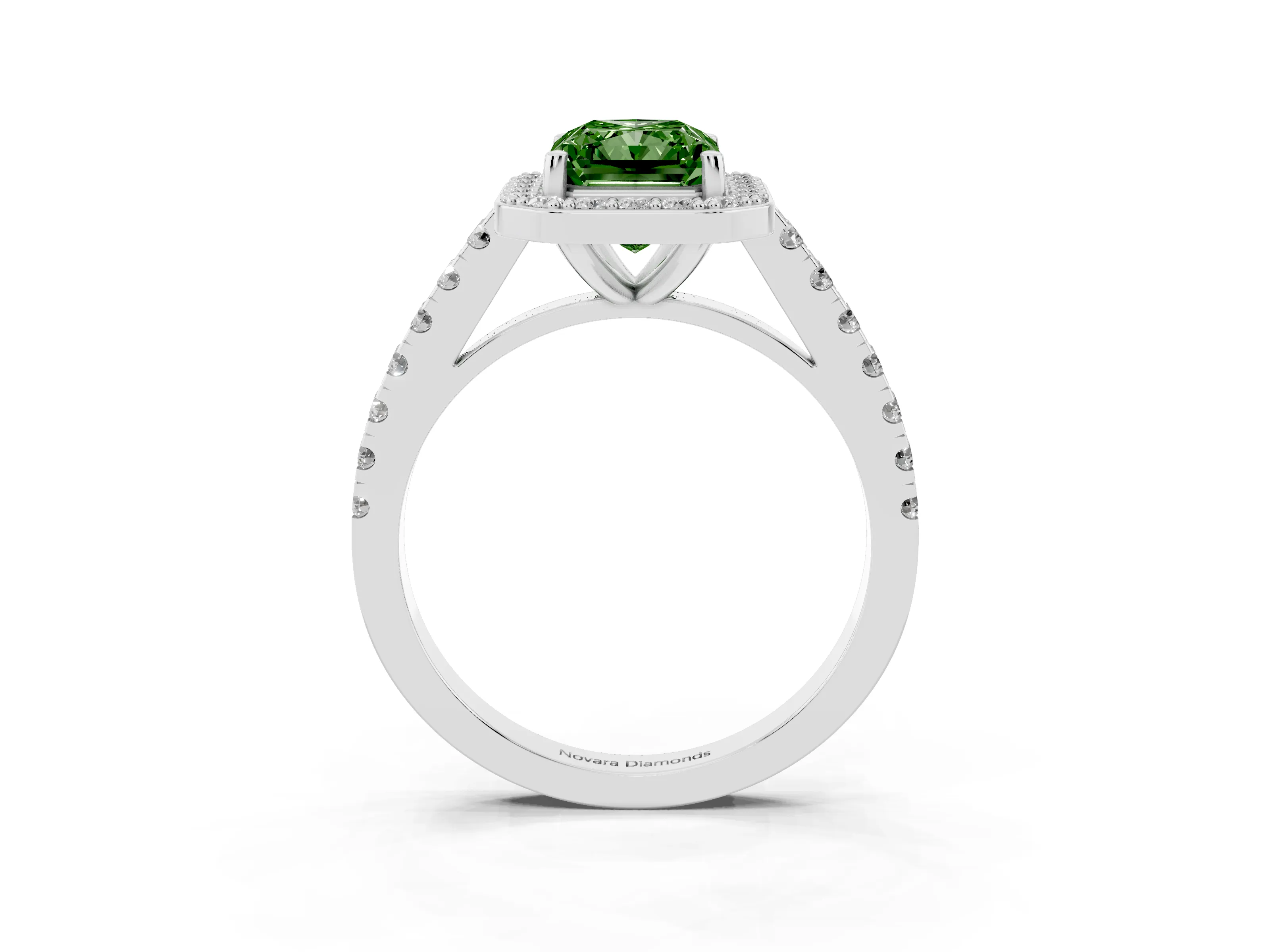 Fancy Green Radiant Cut Diamond Halo Ring Set in White gold with Round Pavé Split Shank and Prong Setting