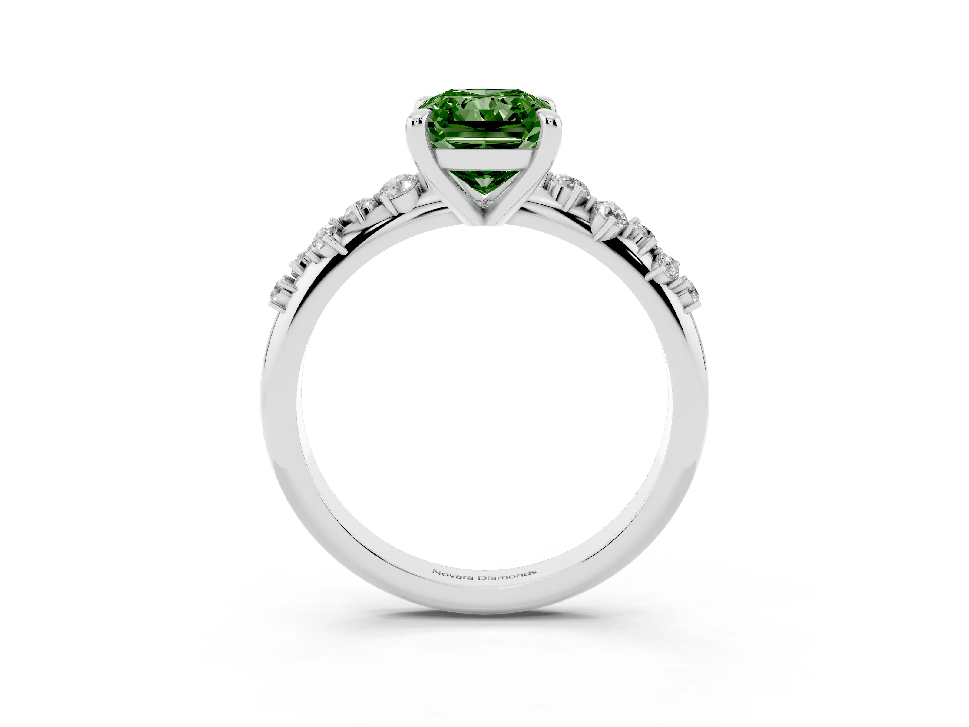 Fancy Green Radiant Cut Diamond Solitaire Vine Band Ring Set in Platinum with Round Accents and Prong Setting