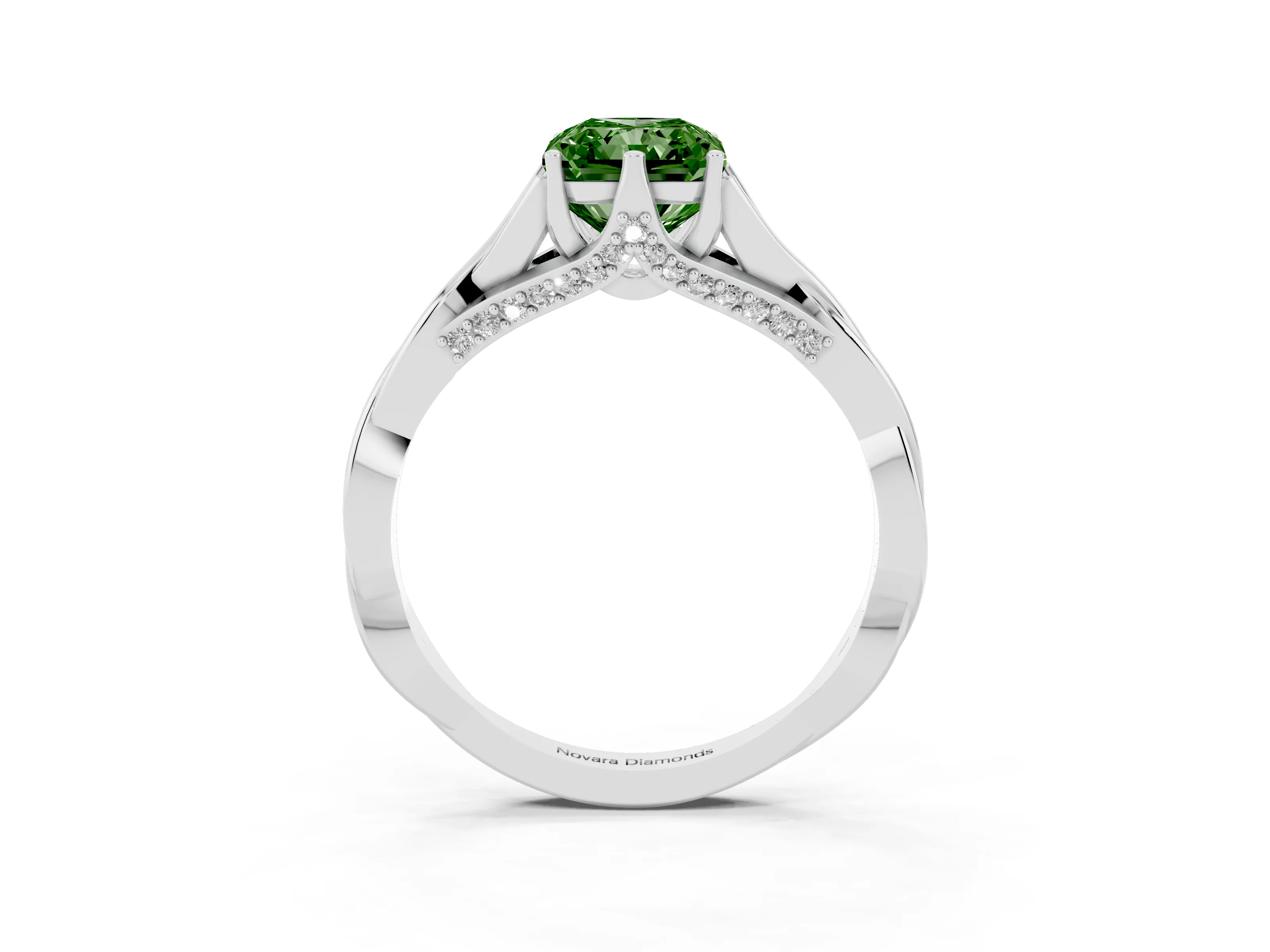 Fancy Green Radiant Cut Diamond Intertwined Twist Band Solitaire Ring Set in White gold with Prong Setting