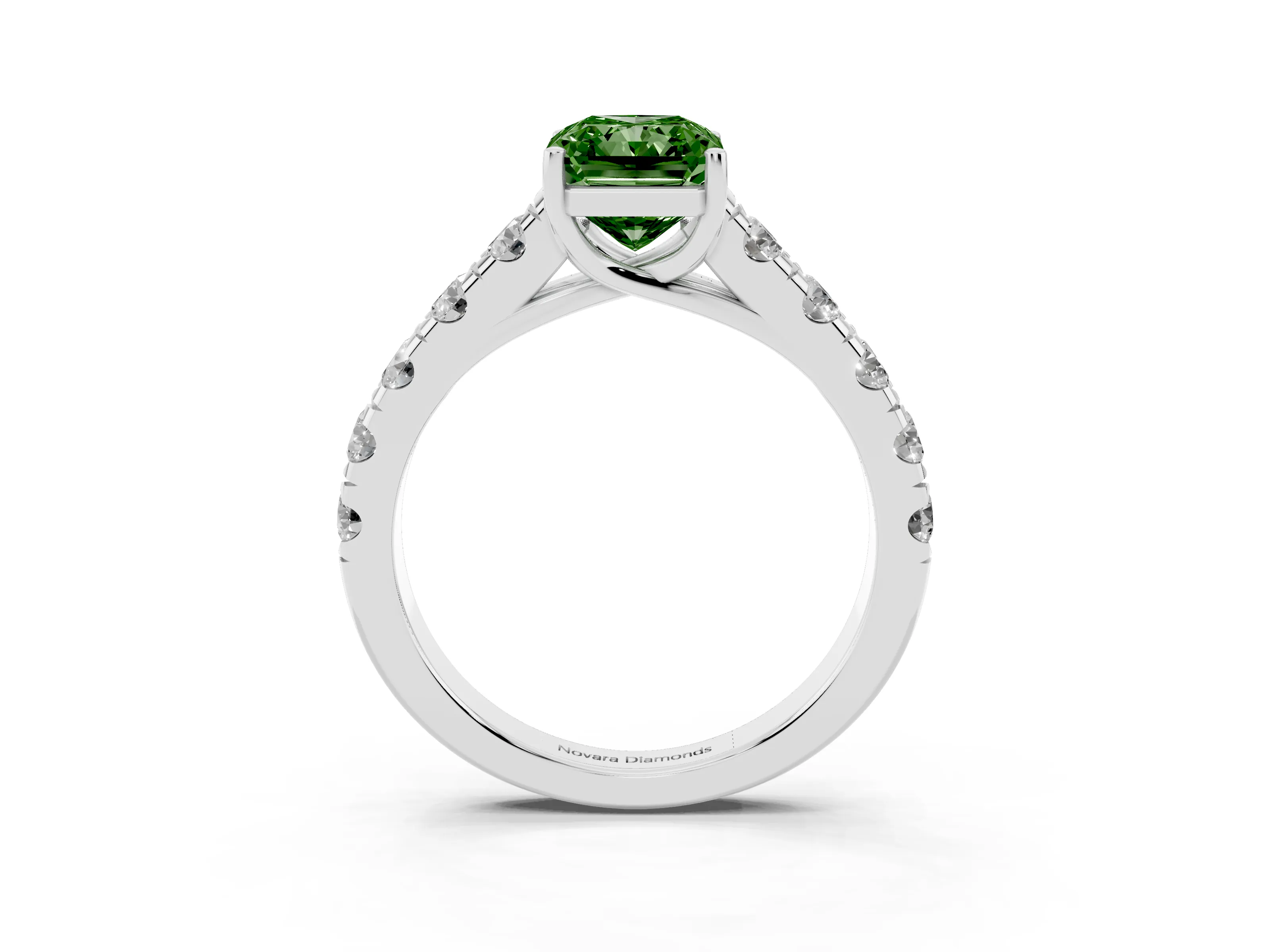 Fancy Green Radiant Cut Diamond Solitaire Ring Set in Silver with Cut-Down Micro Pavé Band and Prong Setting