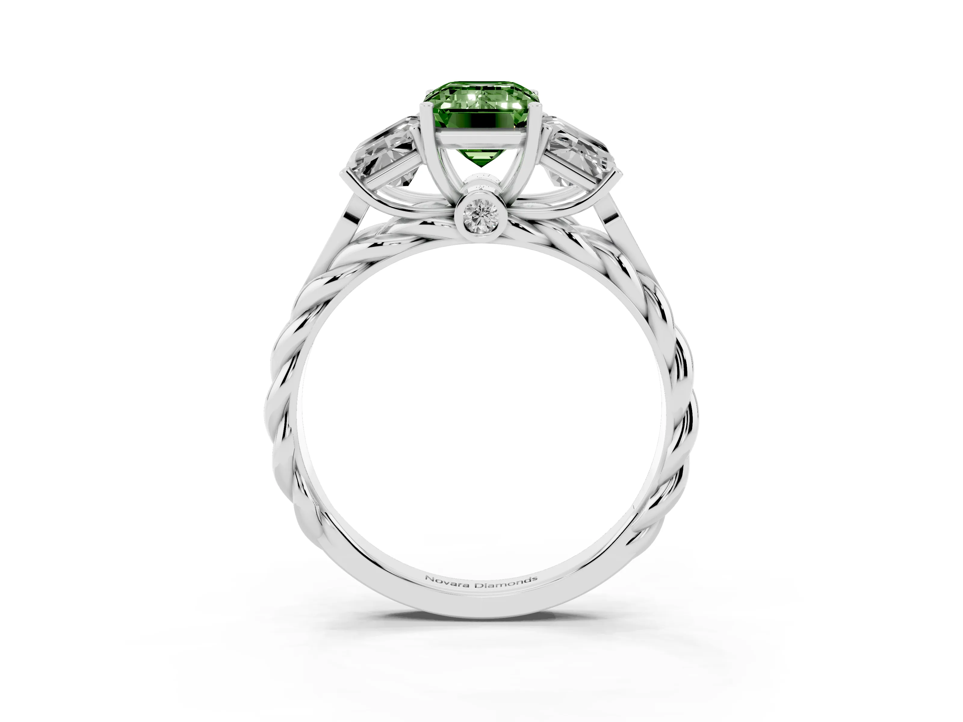 Fancy Green Radiant Cut Diamond Three-Stone Ring Set in Platinum with Braided Band