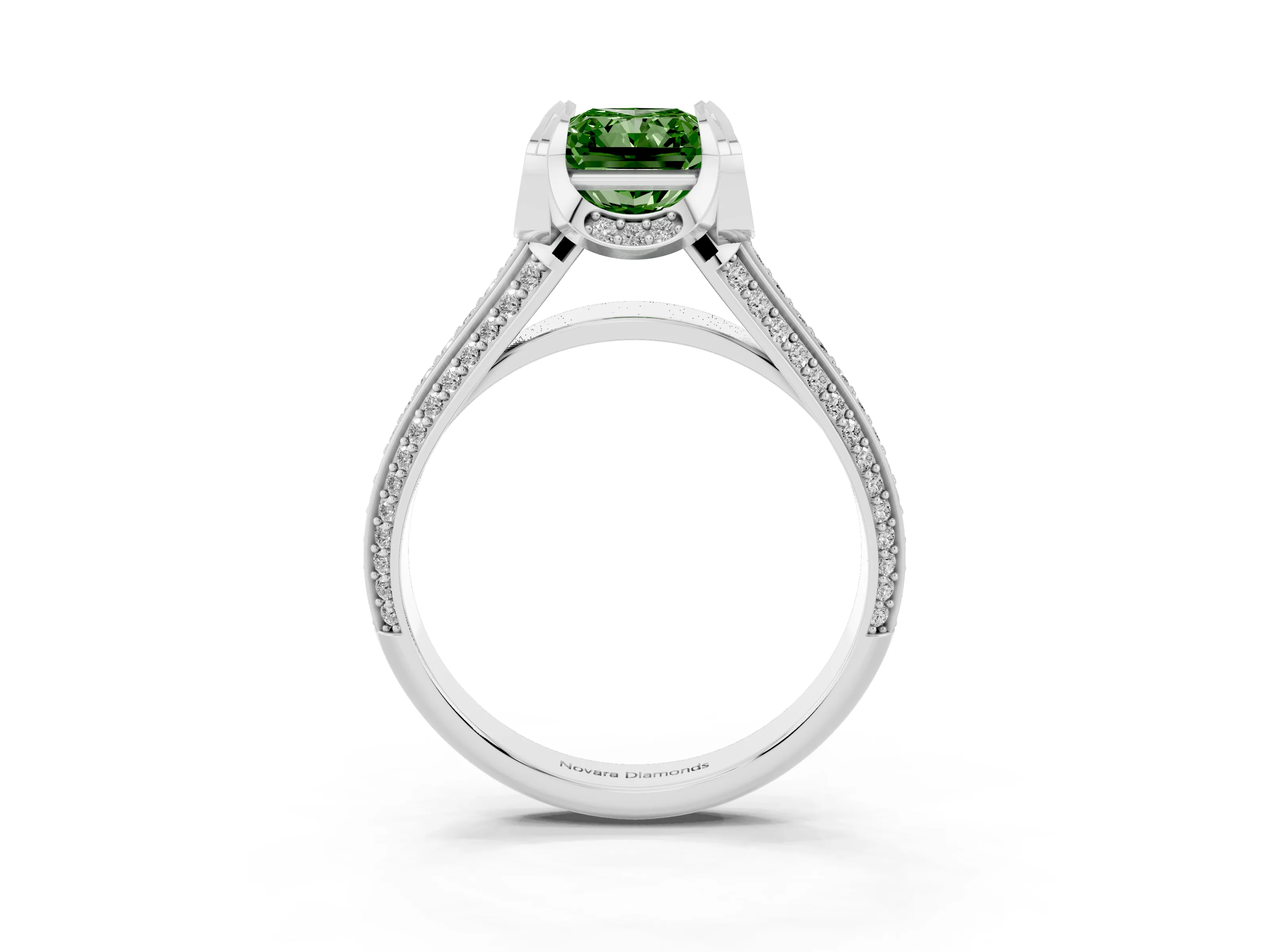 Fancy Green Radiant Cut Diamond Pavé Split Shank Solitaire Ring Set in Silver with Prong Setting