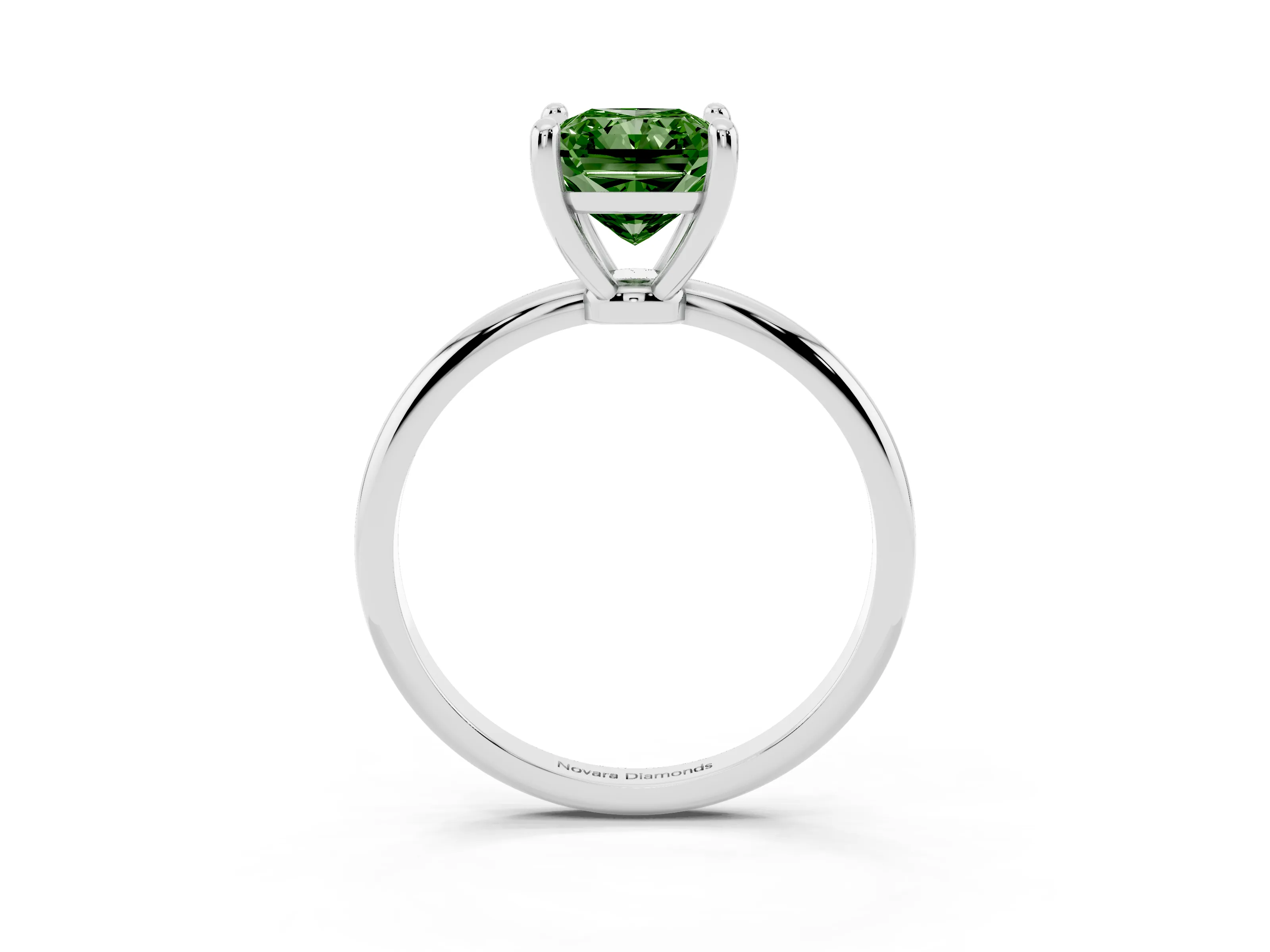 Fancy Green Radiant Cut Diamond Solitaire Ring Set in White gold with Secure Prong Setting on a Classic Band