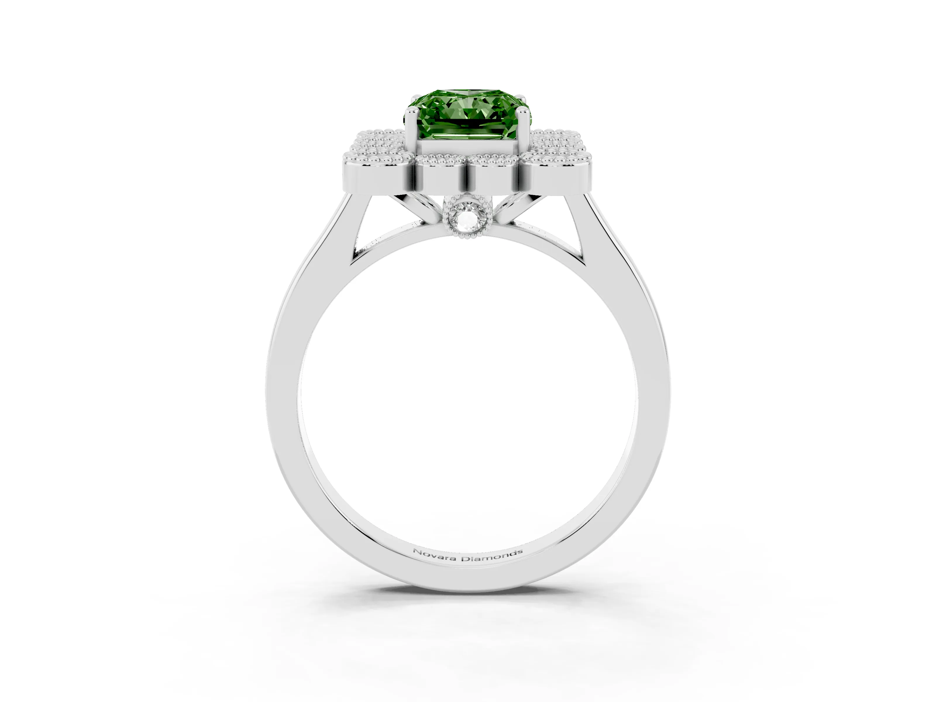 Fancy Green Radiant Cut Diamond Cluster Halo Ring Set in White gold with Milgrain Bezel Accents and Plain Band