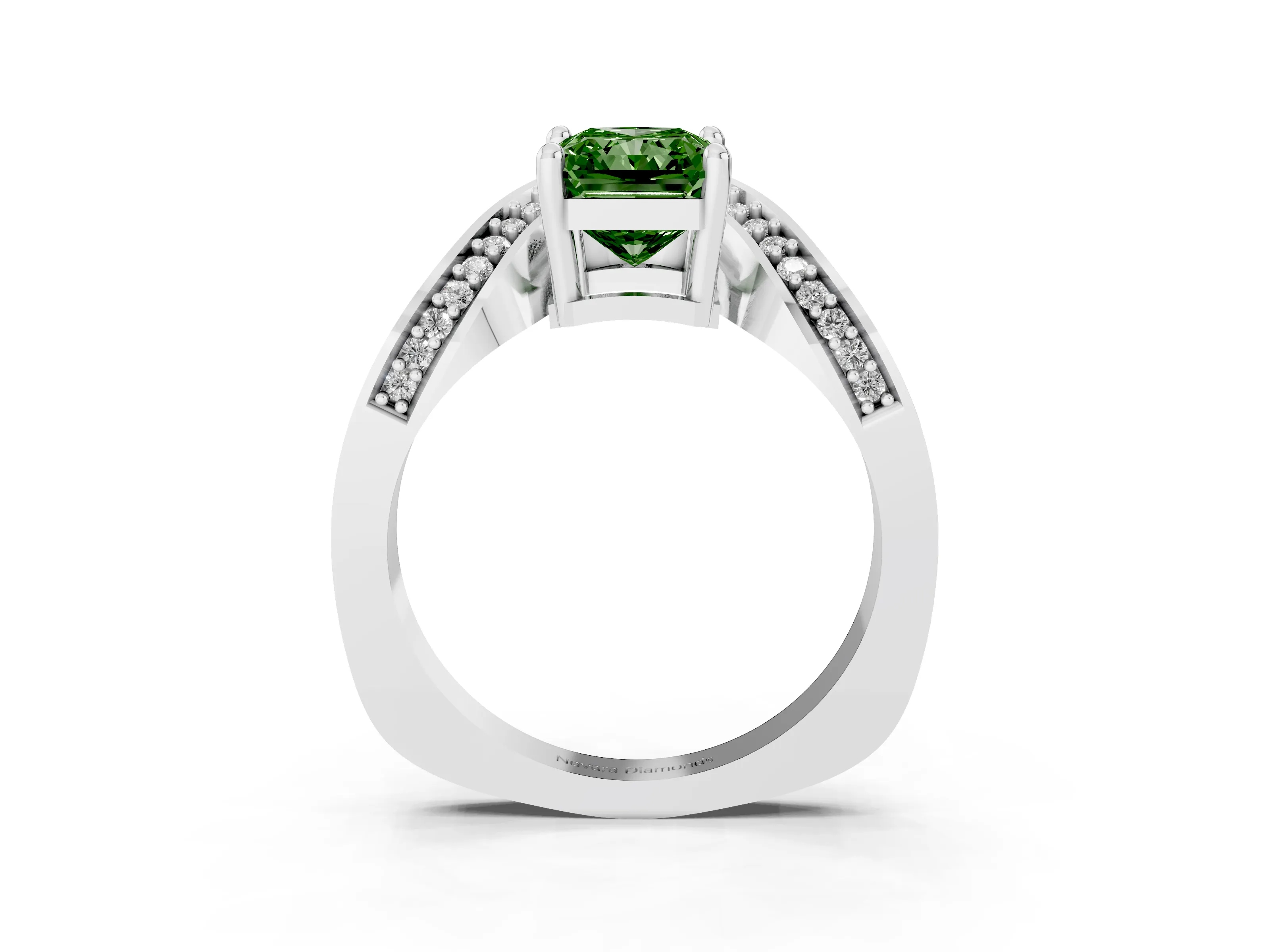Fancy Green Radiant Cut Diamond Solitaire Engagement Ring Set in Platinum with Pavé Shoulders