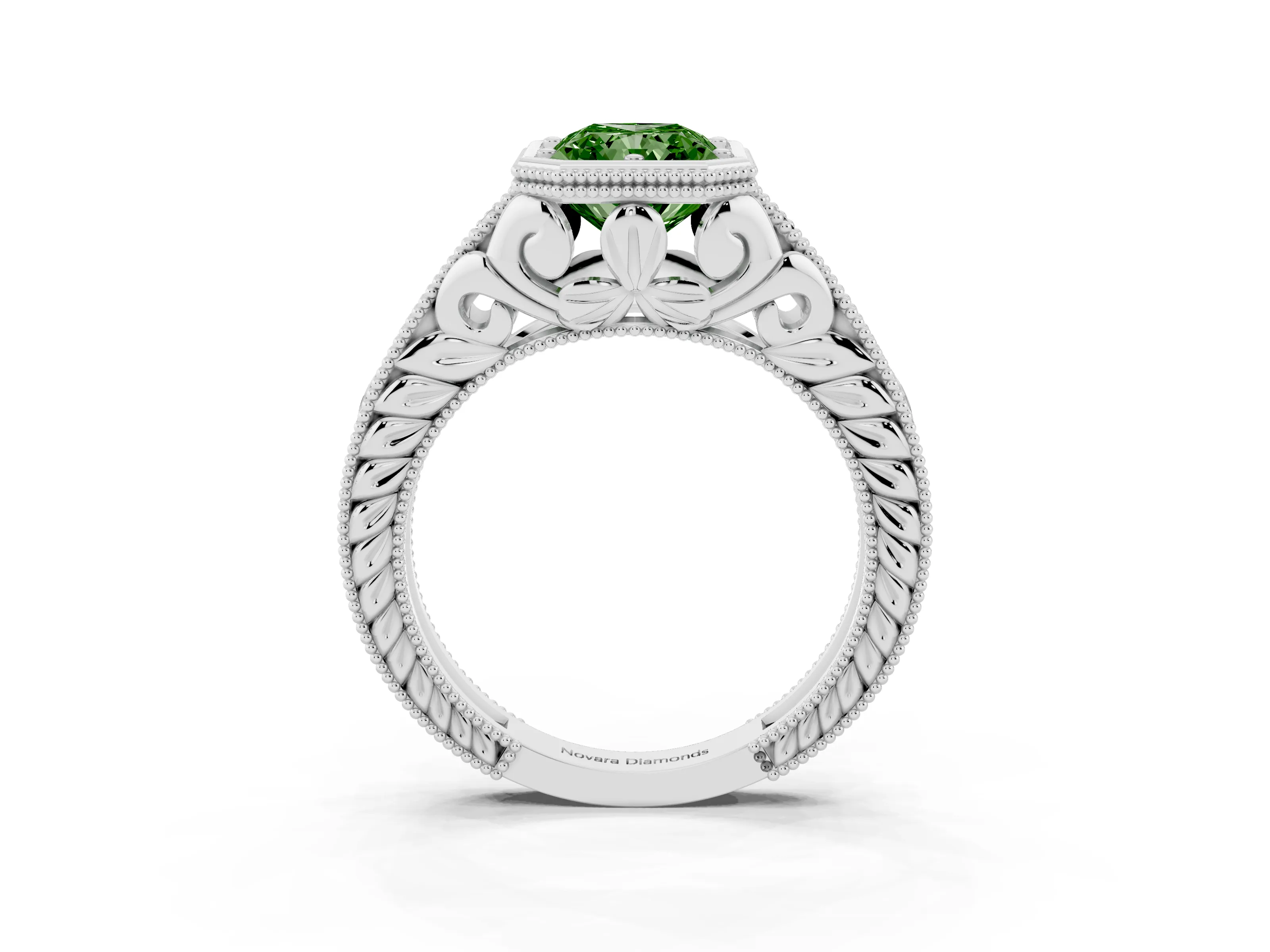 Fancy Green Bezel Set Radiant Cut Diamond Milgrain Pavé Engagement Ring Set in Platinum