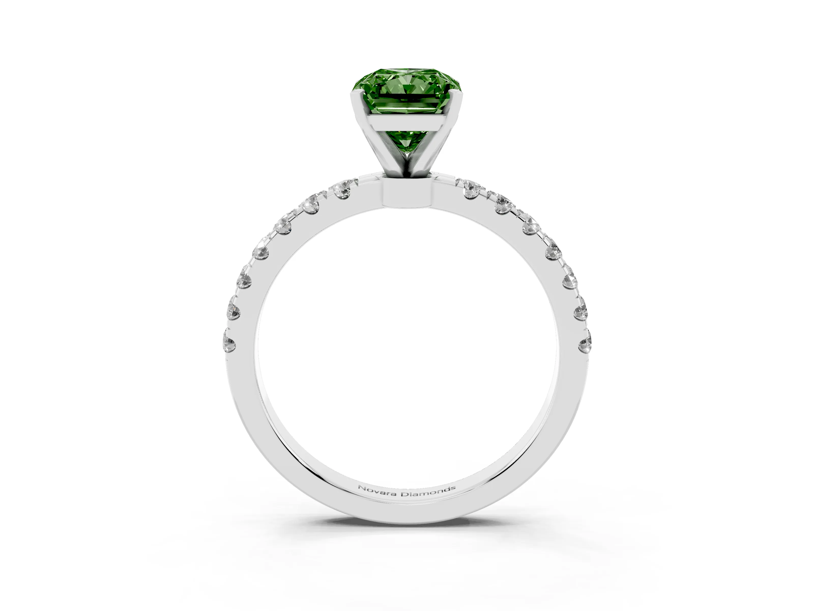 Fancy Green Radiant Cut Diamond Solitaire Ring Set in Silver with Pavé Accents and Prong Setting