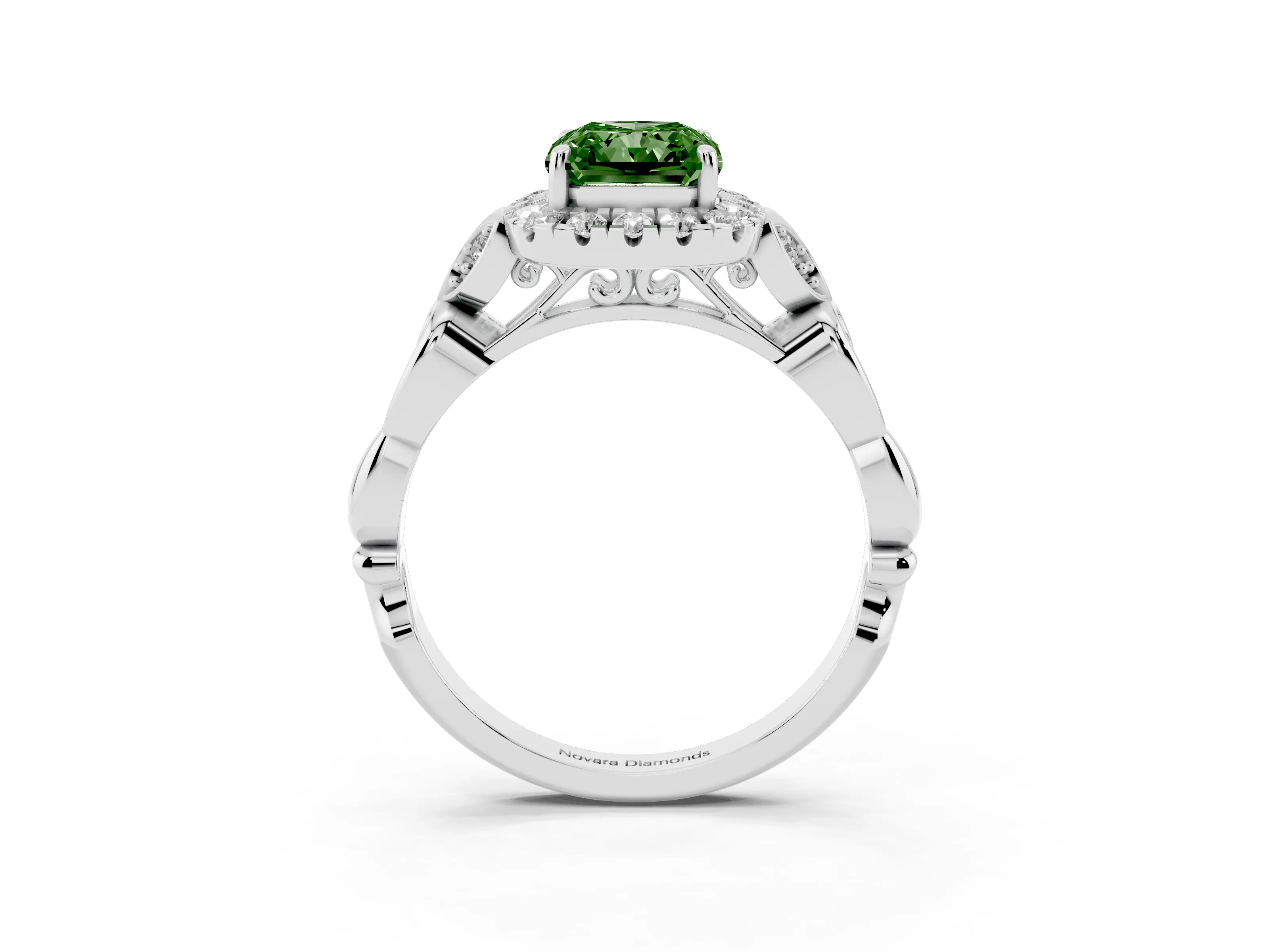 Fancy Green Radiant Cut Diamond Halo Engagement Ring Set in White gold with Vintage-Inspired Band and Prong Setting