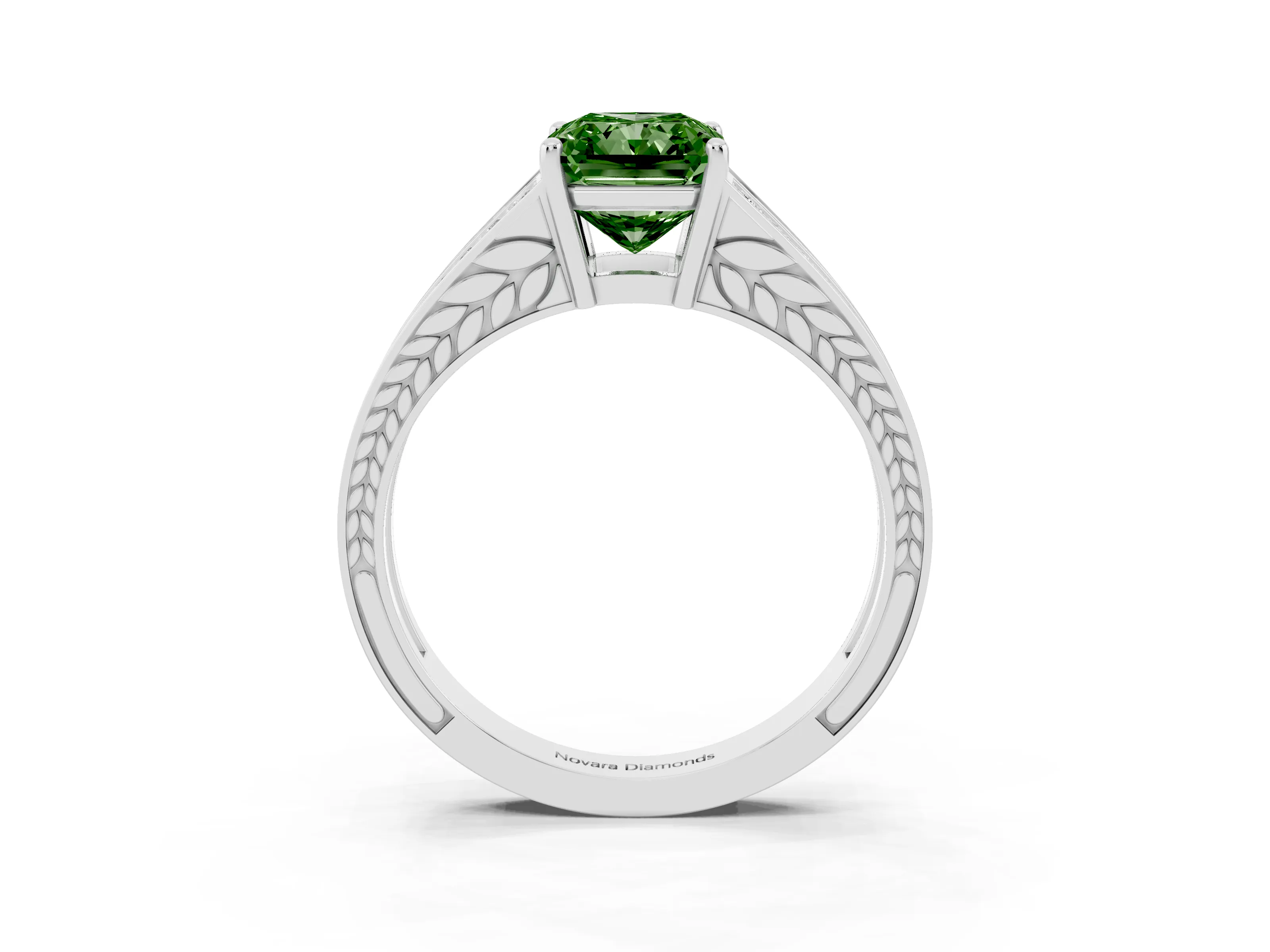 Fancy Green Radiant Cut Diamond Split Shank Ring Set in Platinum with Pavé Band and Prong Setting