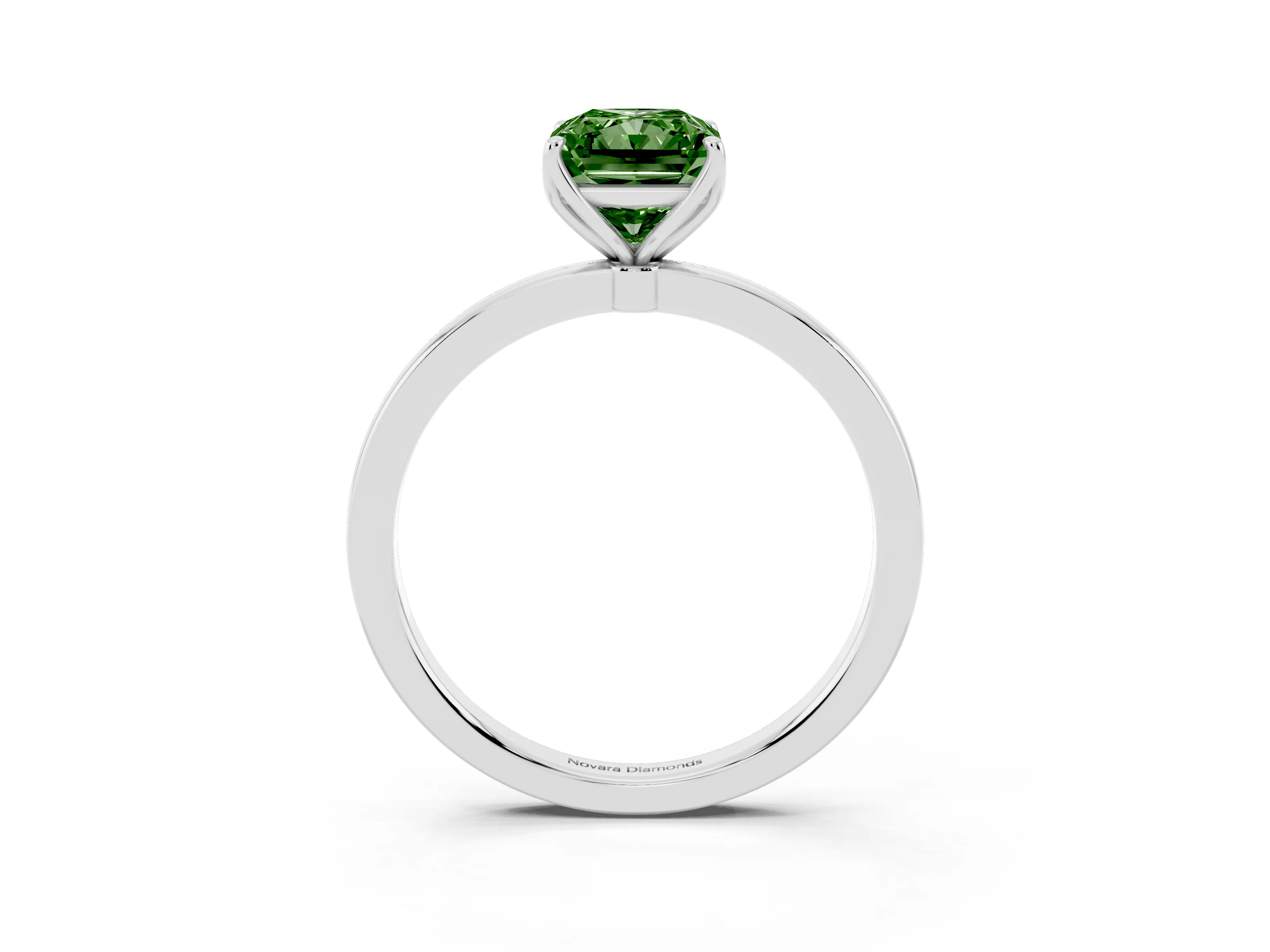 Fancy Green Radiant Cut Diamond Solitaire Ring Set in Platinum with Prong Setting and Thin Polished Band