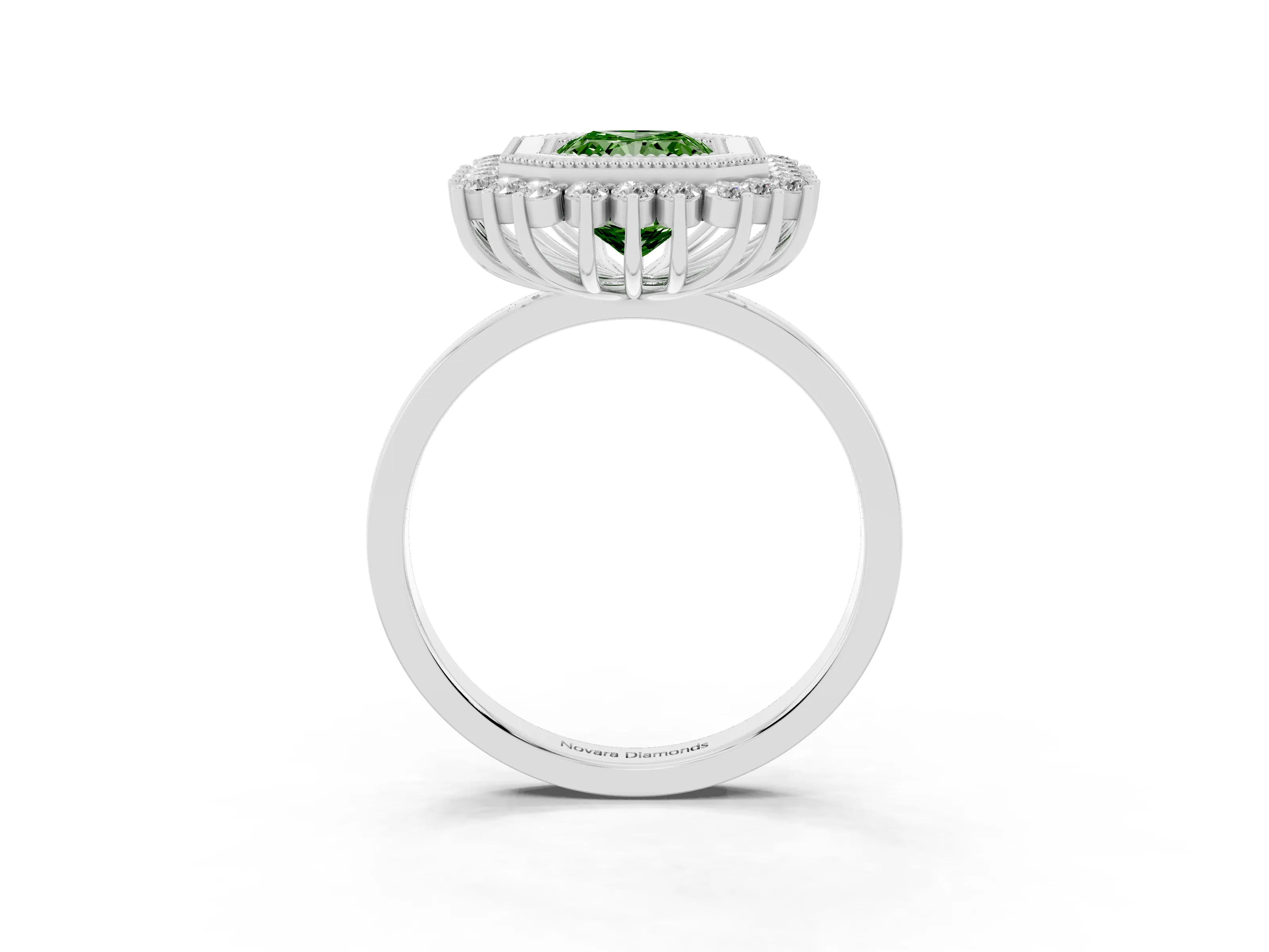 Fancy Green Radiant Cut Diamond Halo Ring Set in Platinum with Milgrain Edge and Round Prong Setting