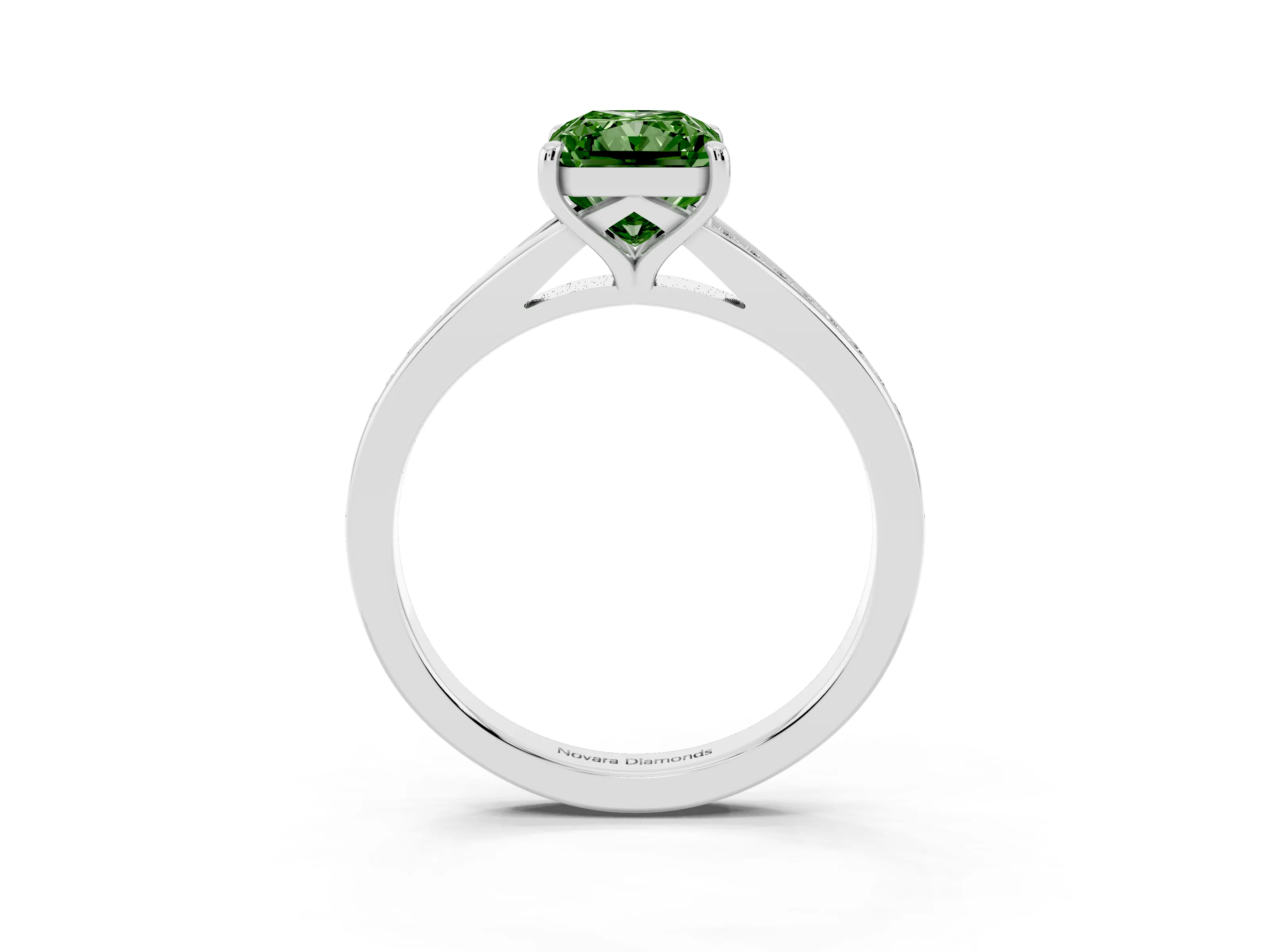 Fancy Green Radiant Cut Diamond Solitaire Ring Set in Platinum with Pavé Accent Band and Classic Prong Setting