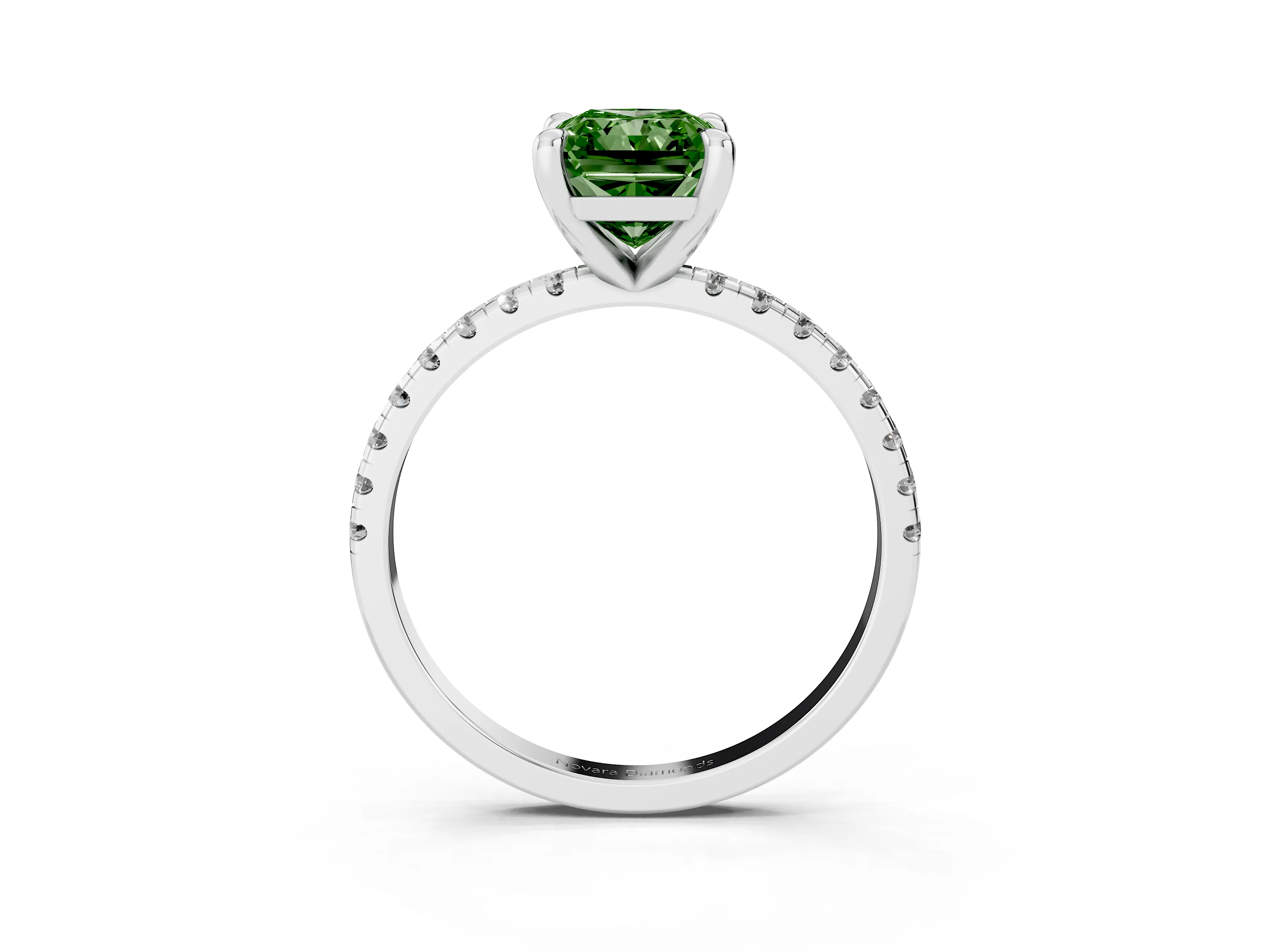 Fancy Green Radiant Cut Diamond Brilliant Solitaire Ring Set in Platinum with Pavé Band and Prong Setting